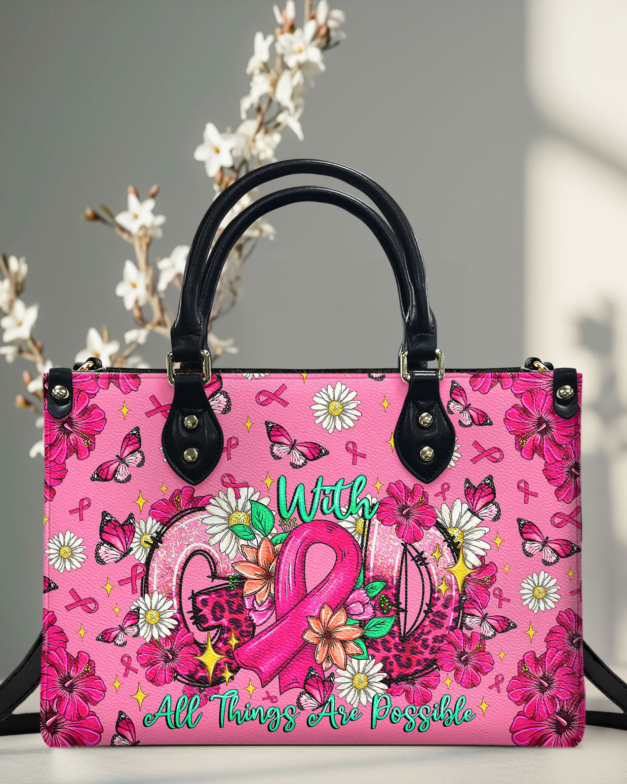 With God All Things Are Possible Breast Cancer Leather Handbag -  Tltr1308251
