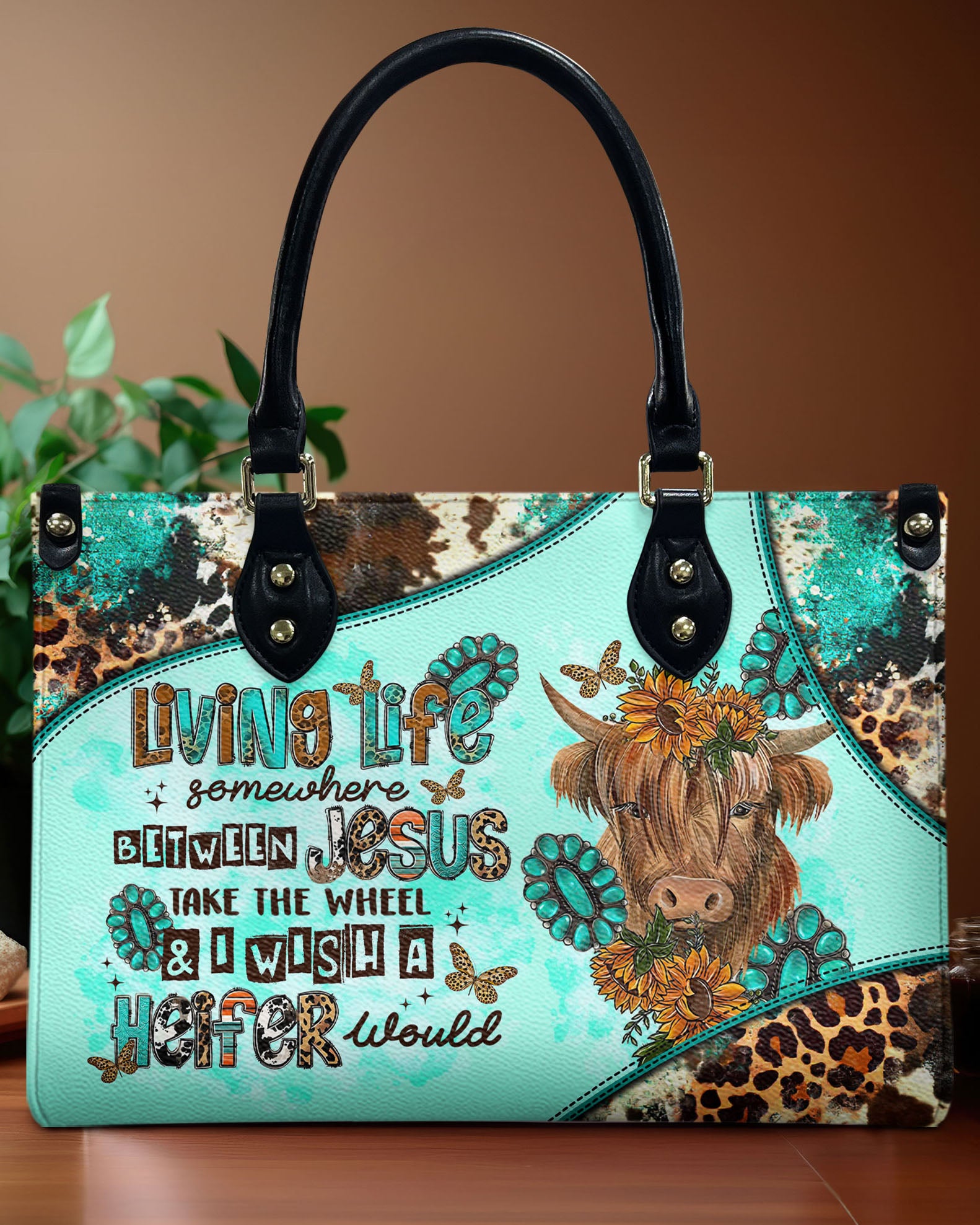 Living Life Somewhere Between Jesus Cow Leather Handbag - Tltr2503243