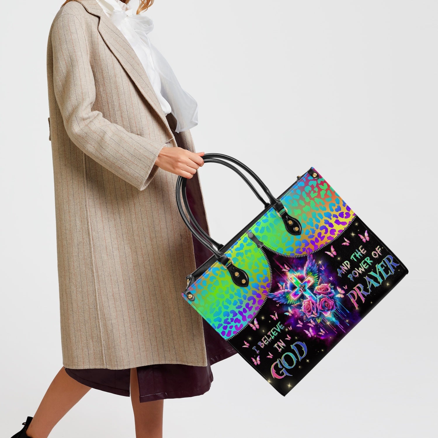 I Believe In God Cross Wings Rose Leather Handbag - Tlnz0104241