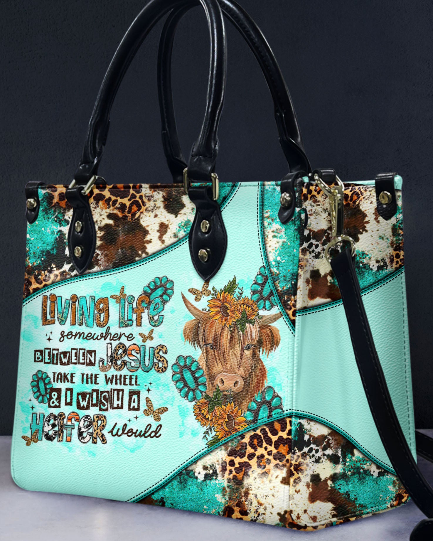 Living Life Somewhere Between Jesus Cow Leather Handbag - Tltr2503243