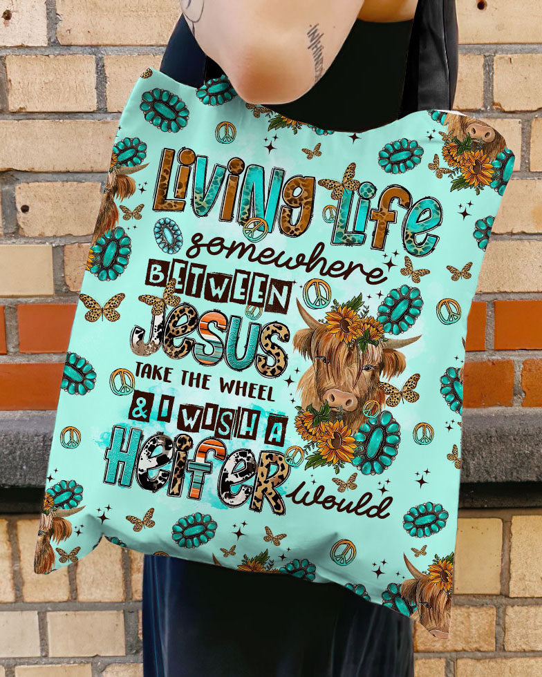 Living Life Somewhere Between Jesus Cow Tote Bag - Tltr1309236