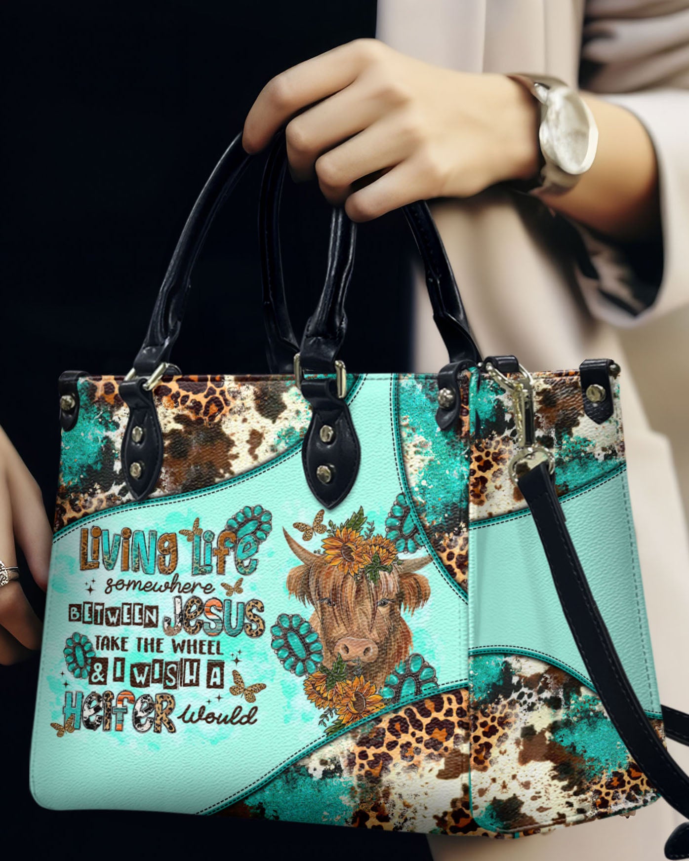Living Life Somewhere Between Jesus Cow Leather Handbag - Tltr2503243