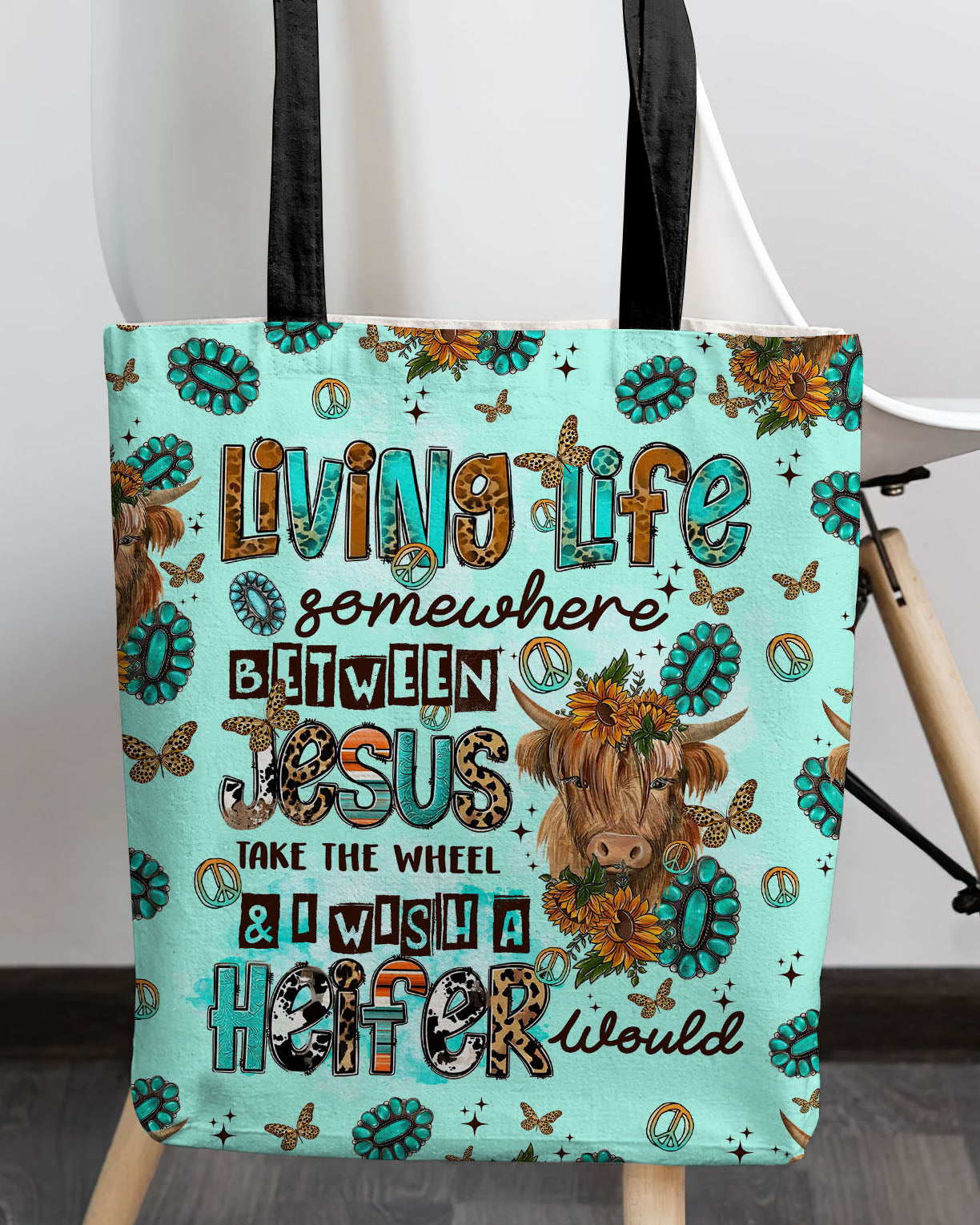 Living Life Somewhere Between Jesus Cow Tote Bag - Tltr1309236