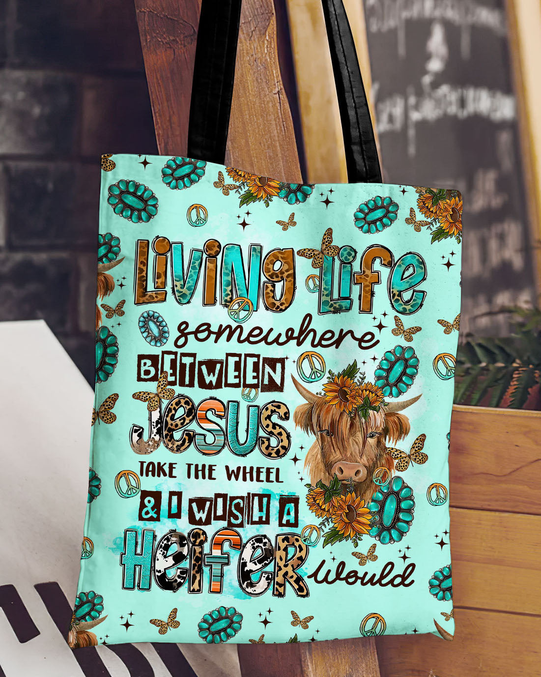 Living Life Somewhere Between Jesus Cow Tote Bag - Tltr1309236