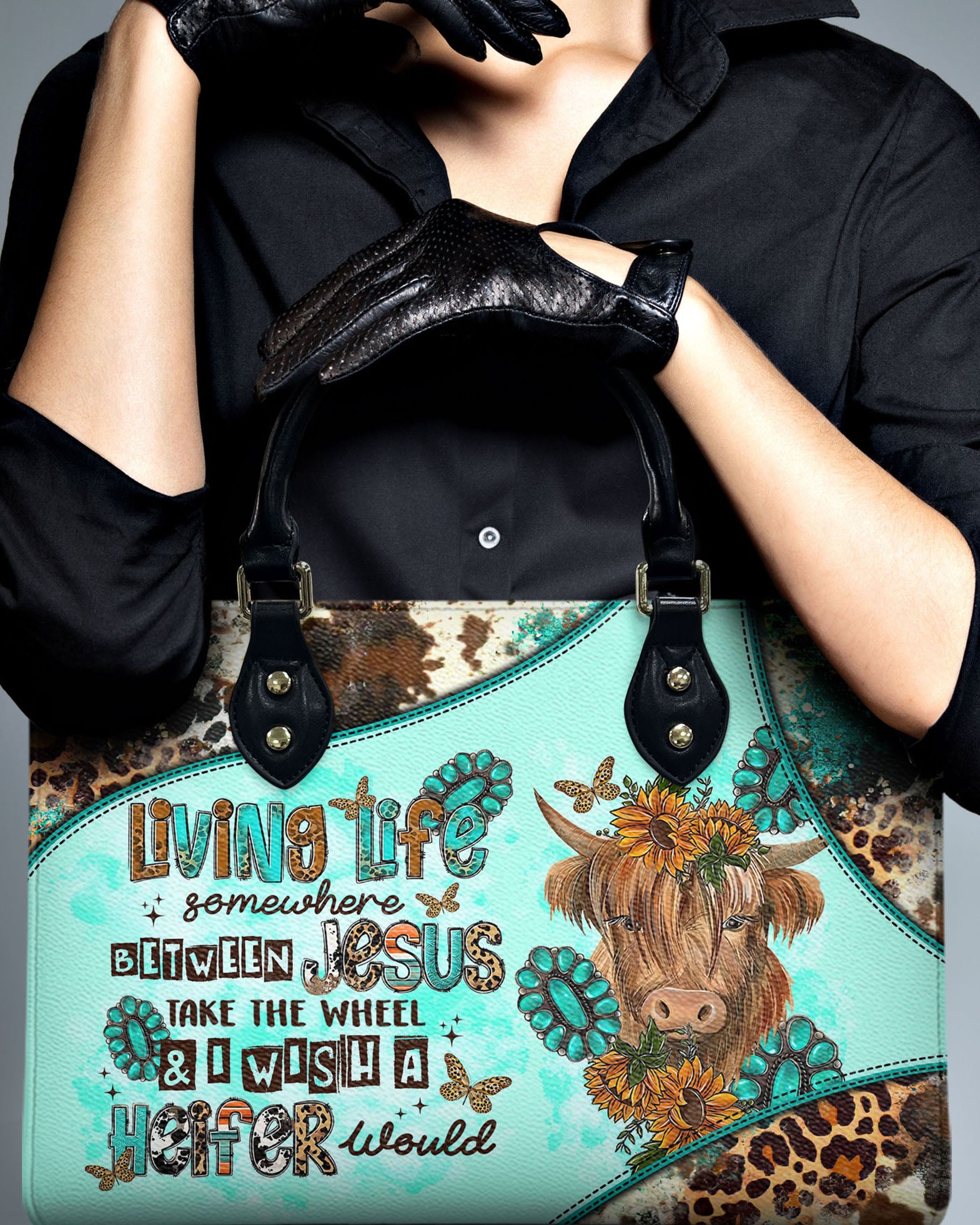 Living Life Somewhere Between Jesus Cow Leather Handbag - Tltr2503243