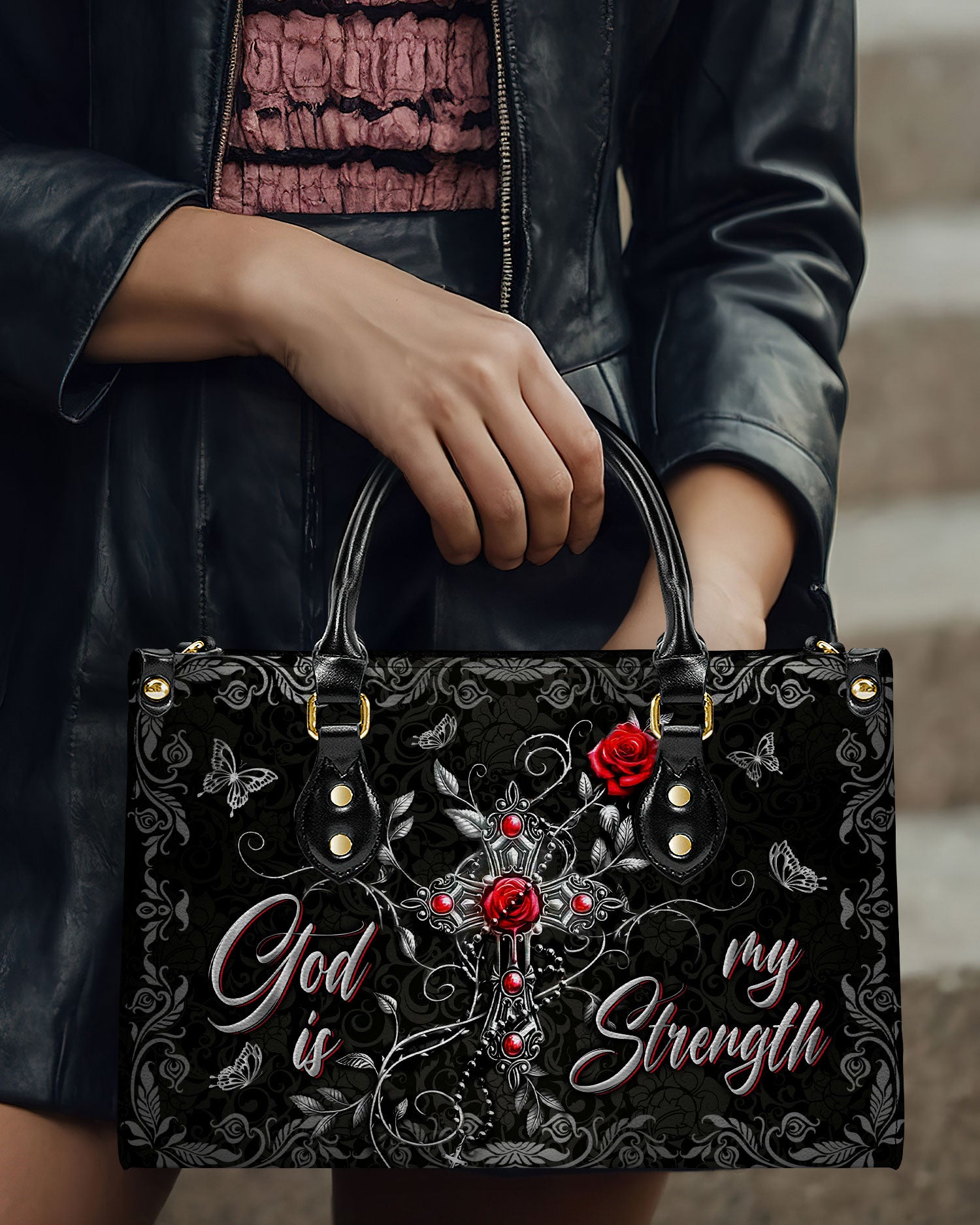 God Is My Strength Leather Handbag - Yhln2803243