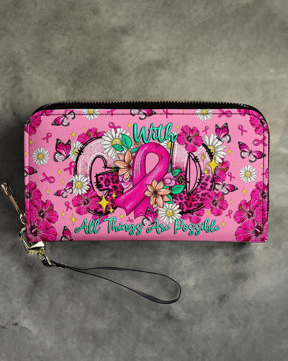 With God All Things Are Possible Breast Cancer Zipper Leather Wallet  -  Tltr1308252