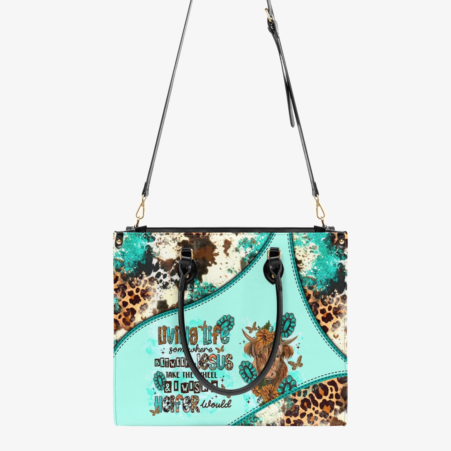 Living Life Somewhere Between Jesus Cow Leather Handbag - Tltr2503243