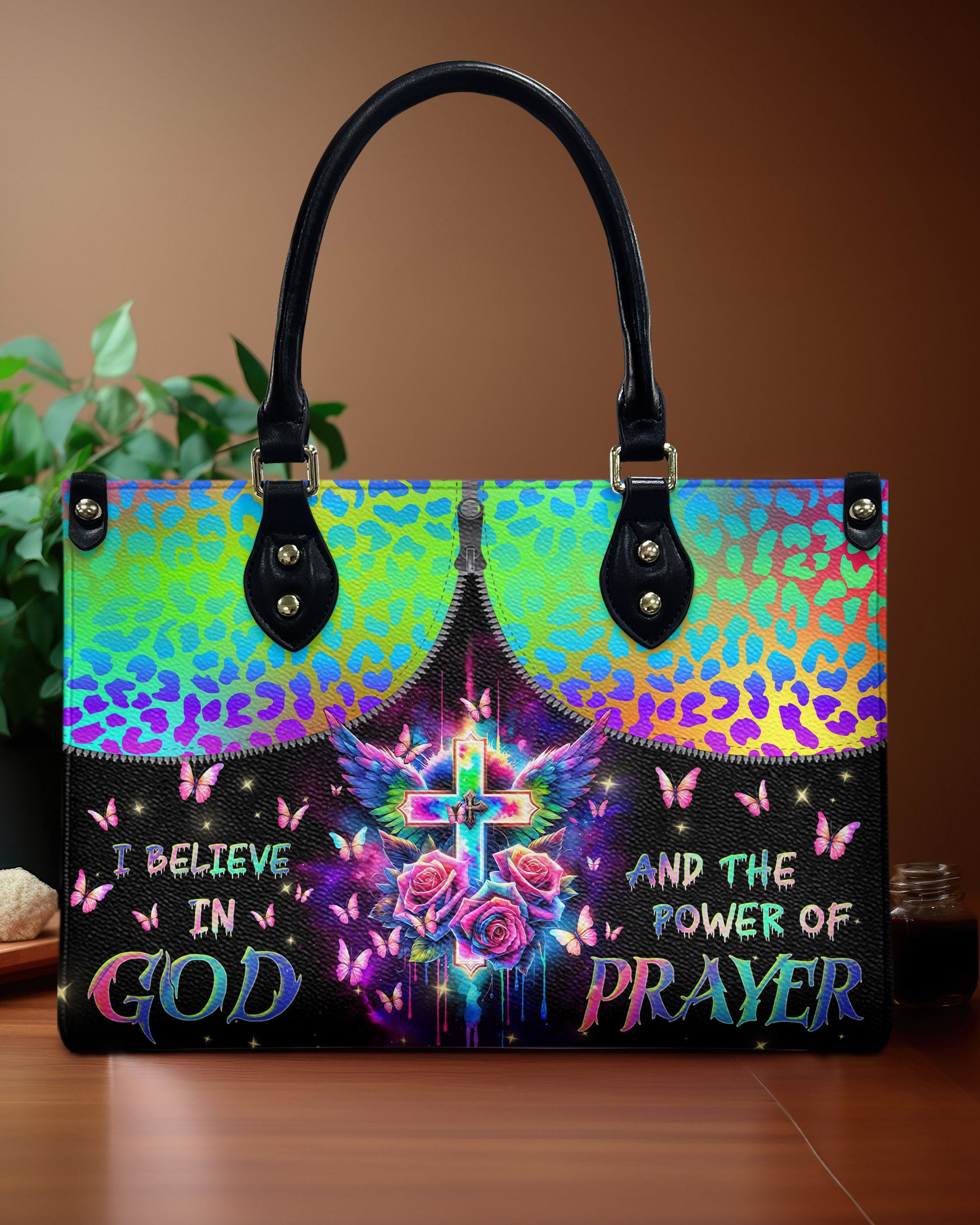 I Believe In God Cross Wings Rose Leather Handbag - Tlnz0104241