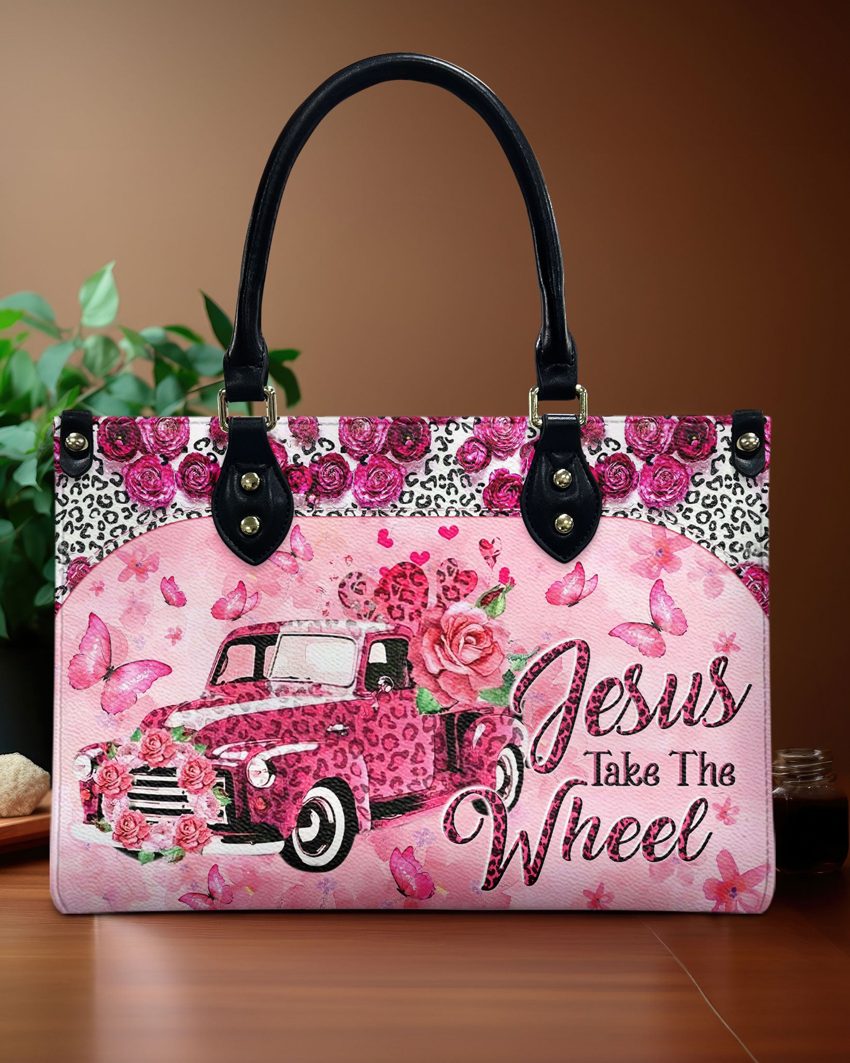 Jesus Take The Wheel Leopard Truck Leather Handbag - Tltw0304241