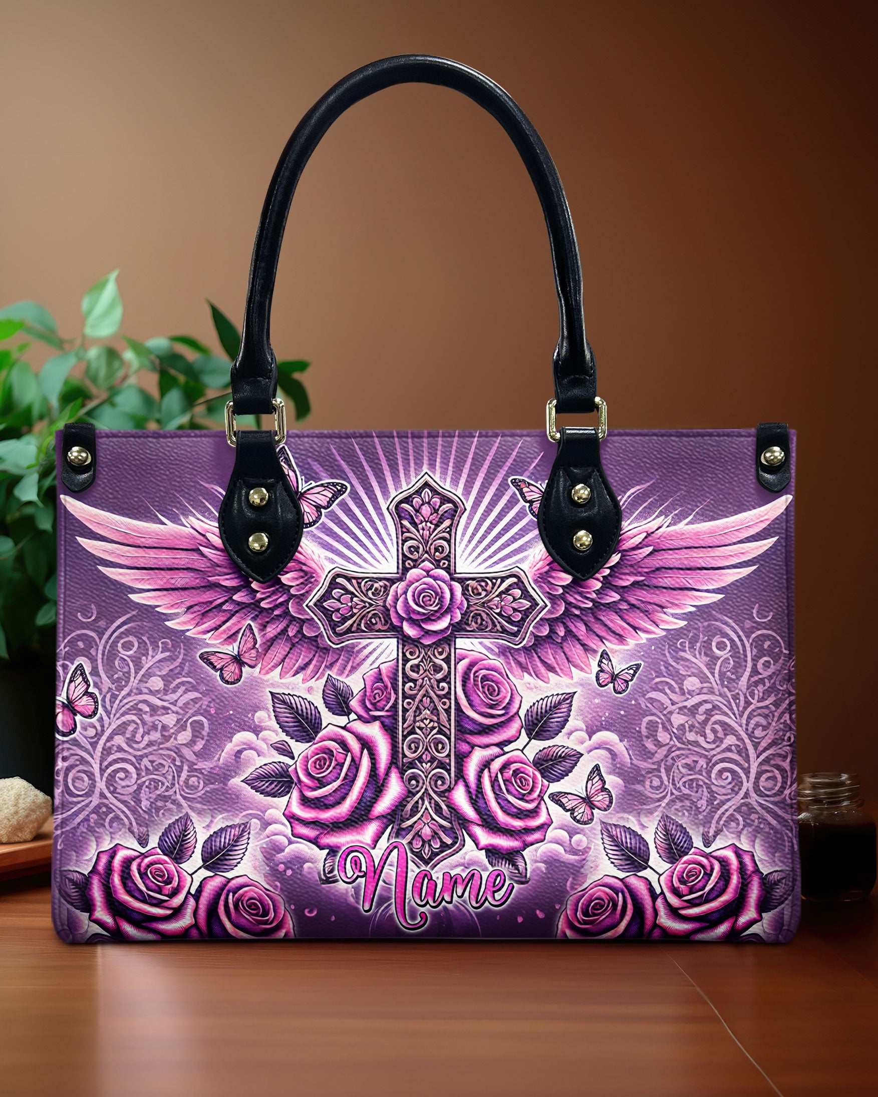 Cross Wings With Roses Leather Handbag - Tlnz0210245