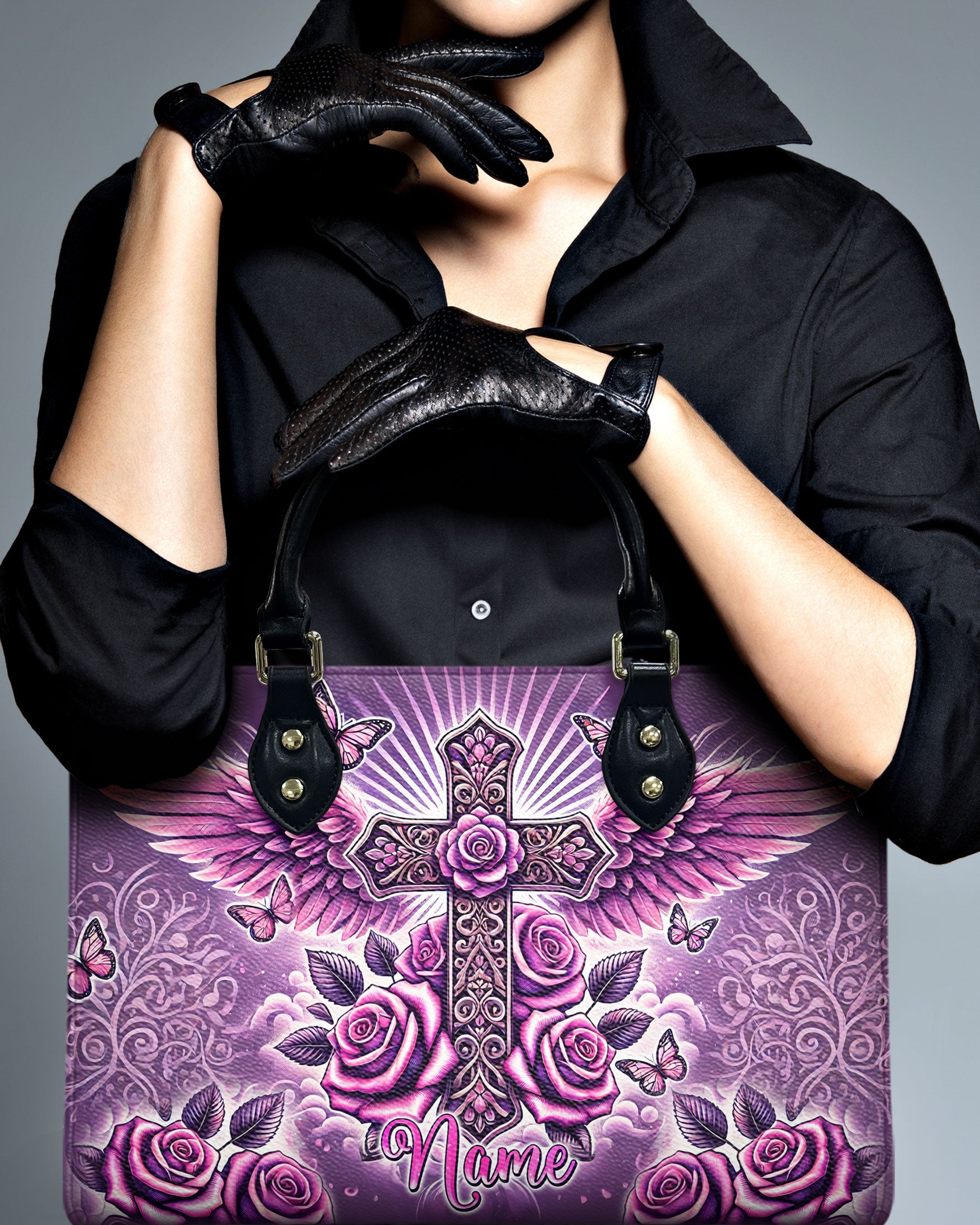Cross Wings With Roses Leather Handbag - Tlnz0210245