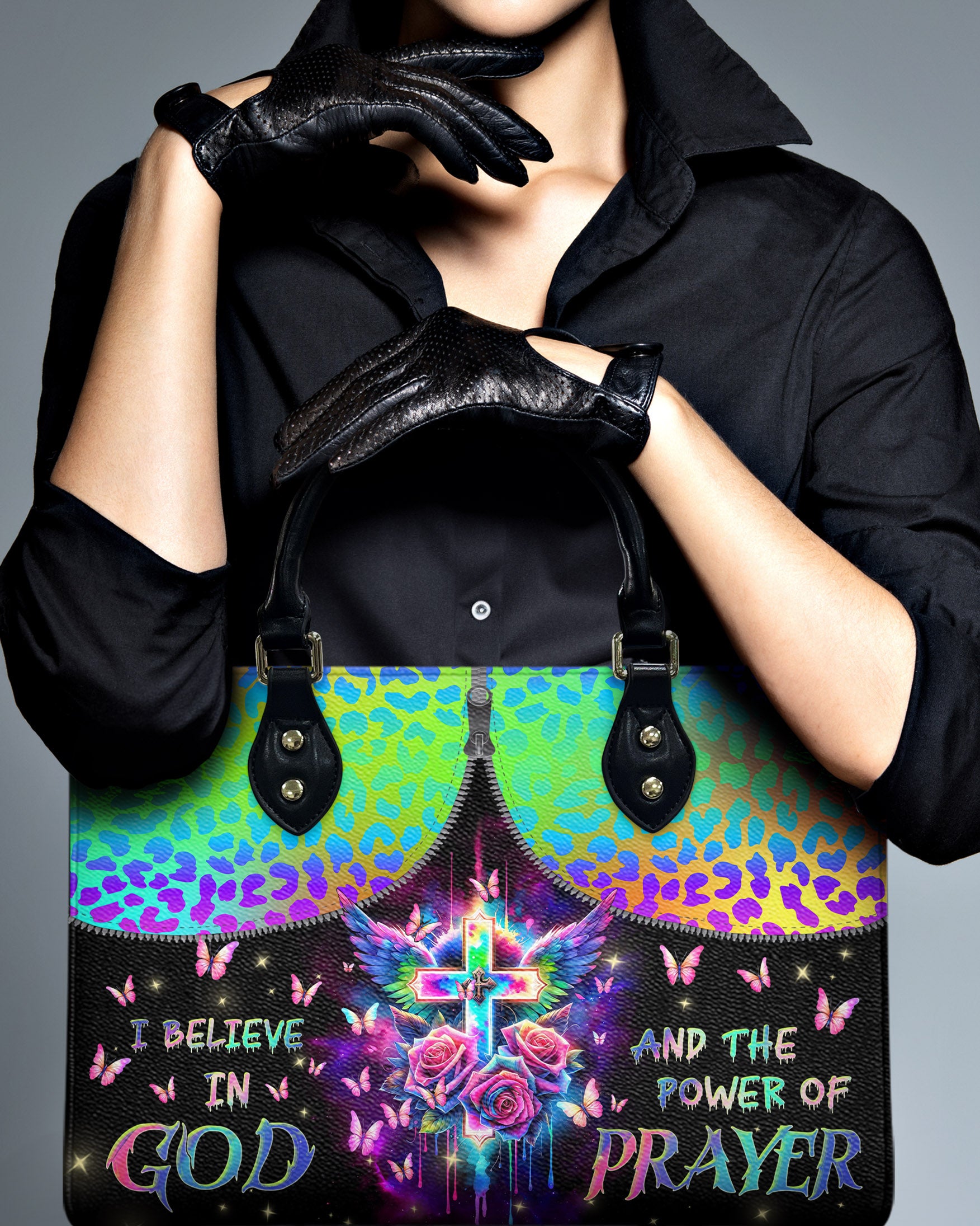I Believe In God Cross Wings Rose Leather Handbag - Tlnz0104241