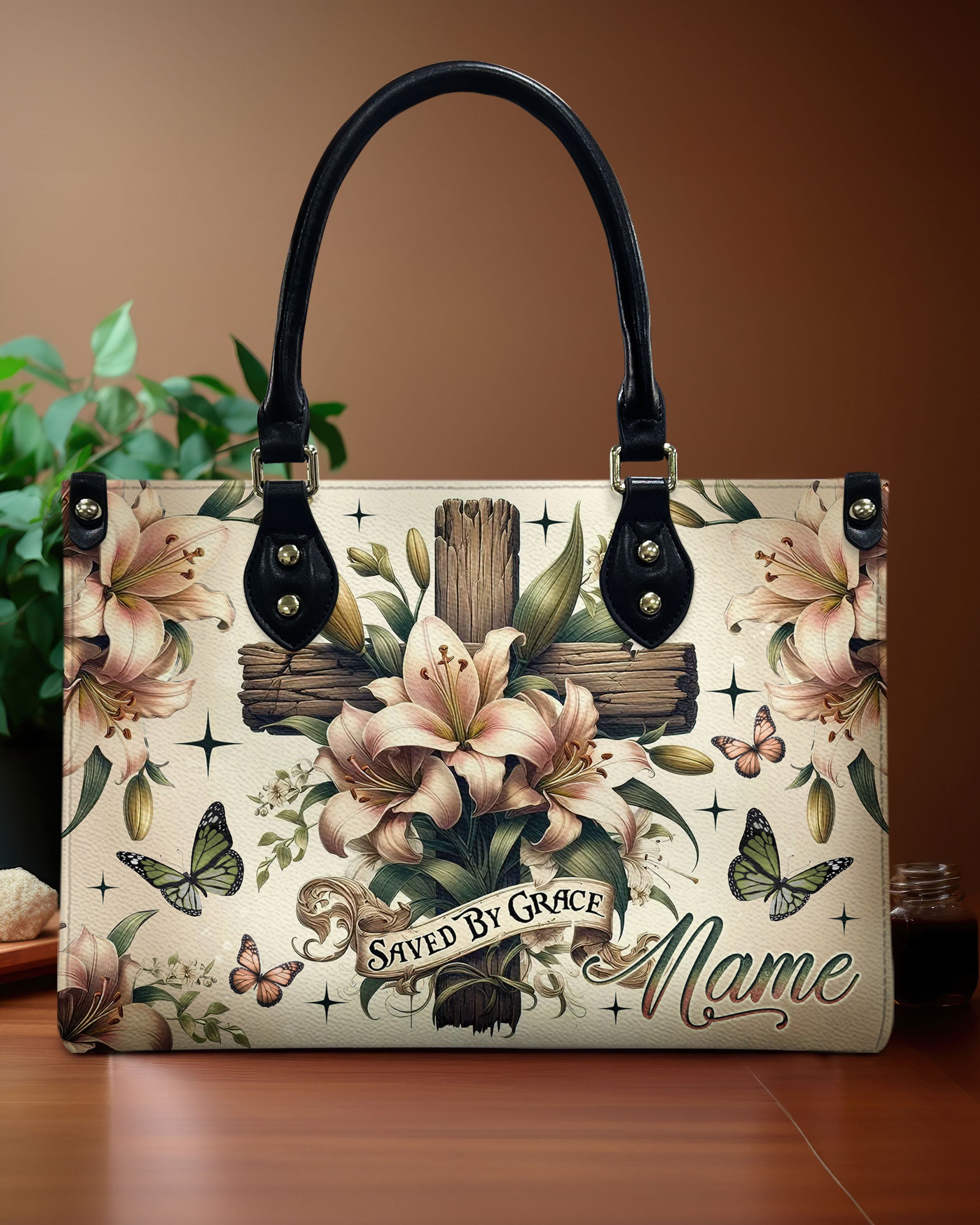 Saved By Grace Cross Lilies Leather Handbag - Tlno2611241