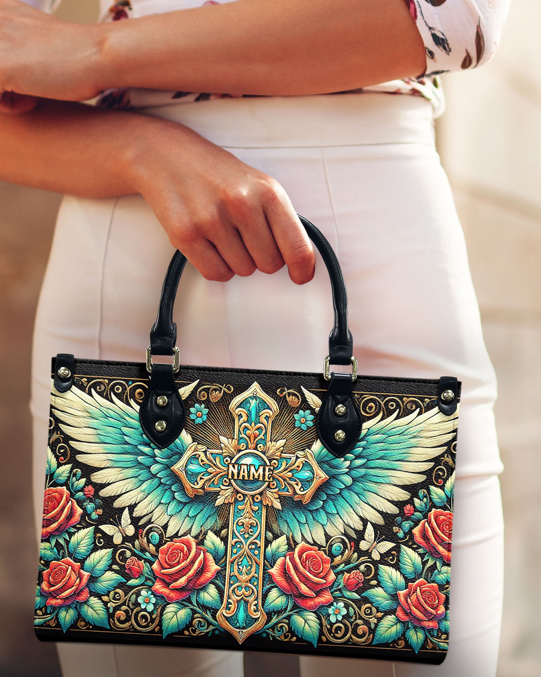 Cross Wings Rose Leather Handbag - Tltw1608243