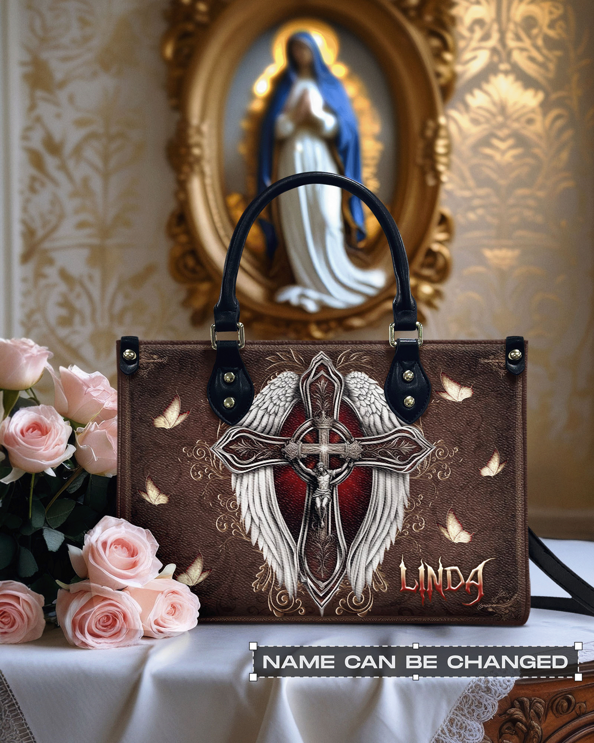 Jesus In Cross With Wings Leather Handbag - Yhln0503254