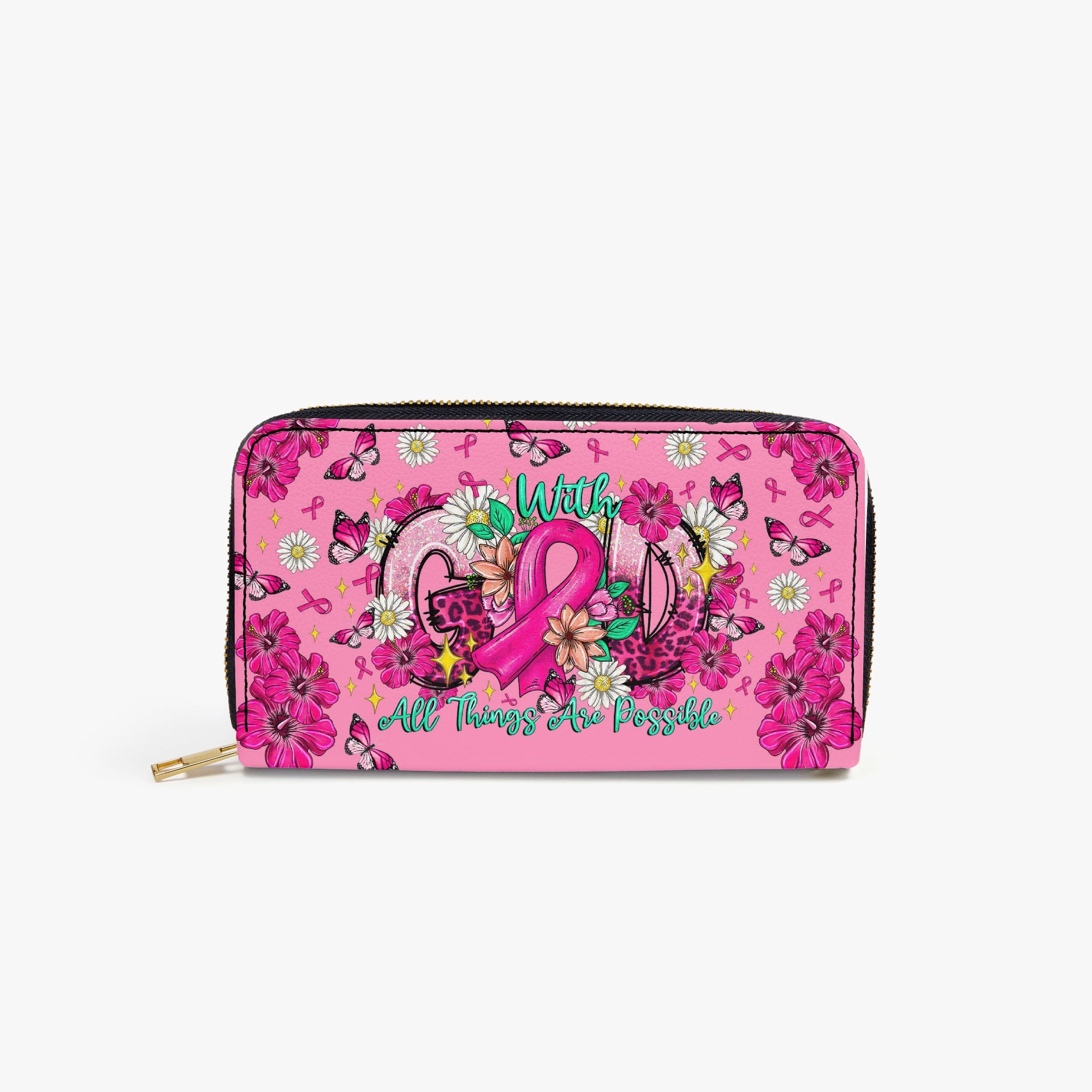 With God All Things Are Possible Breast Cancer Zipper Leather Wallet  -  Tltr1308252