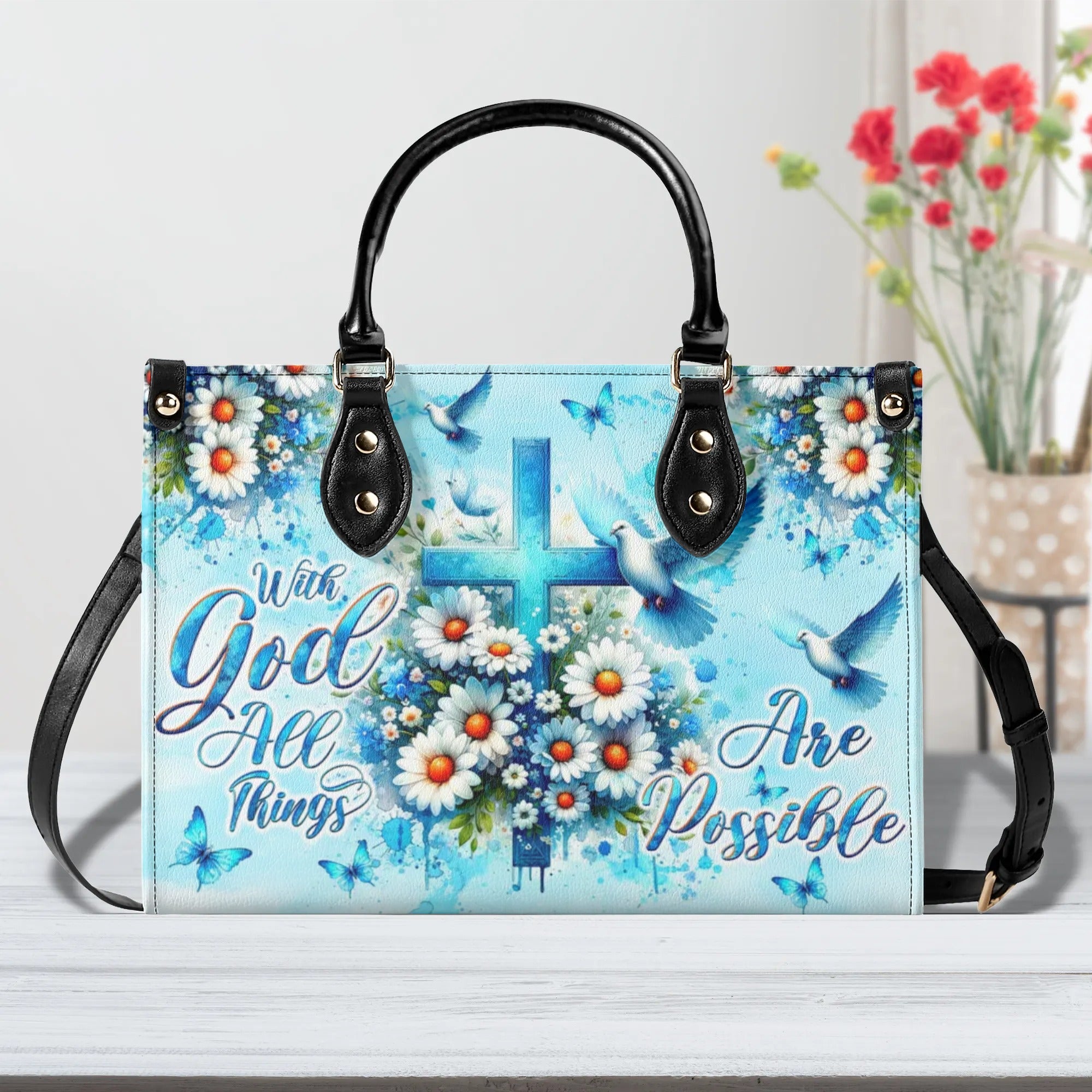 With God All Things Are Possible Daisies Leather Handbag - Tltw1406243