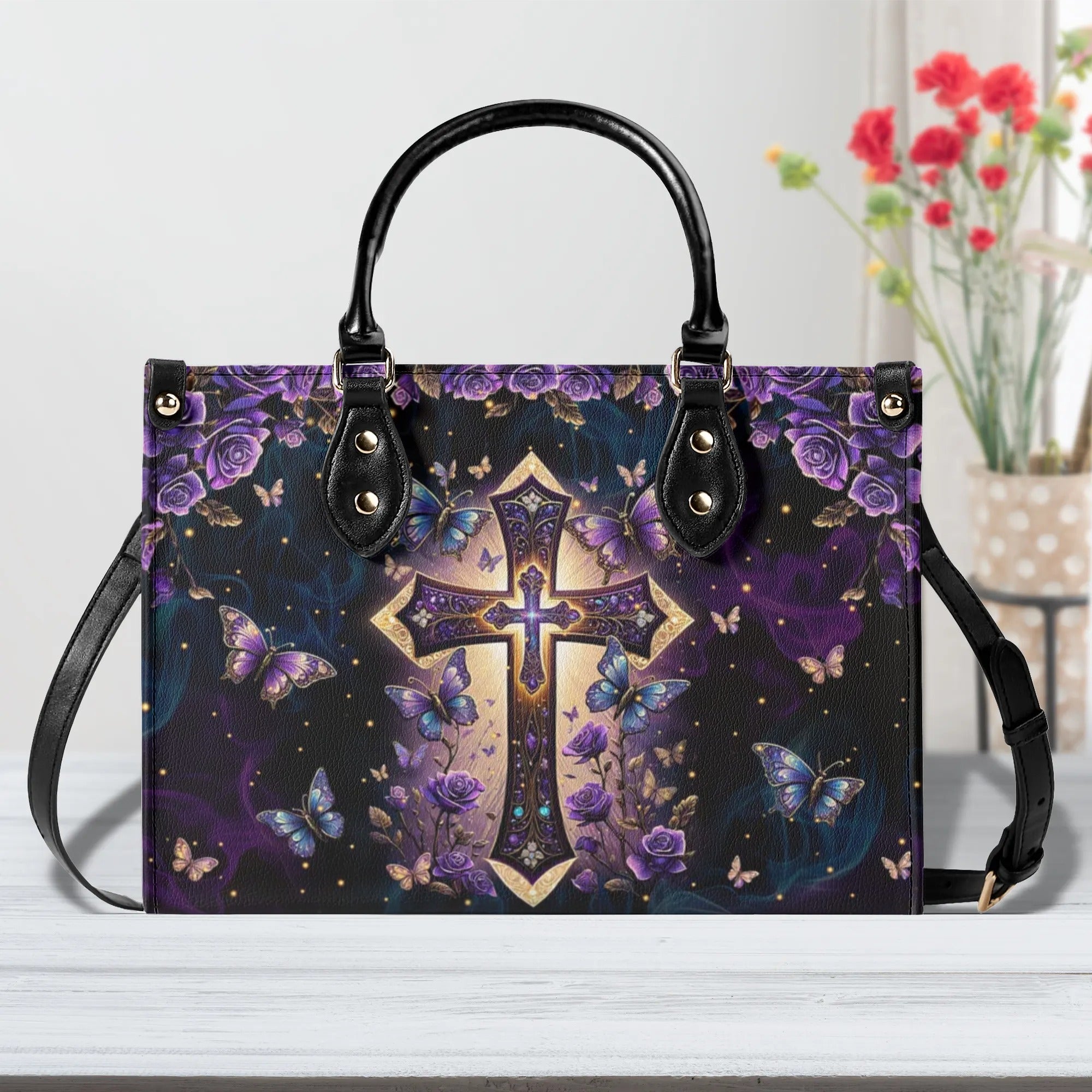 Cross Rose Butterfly Leather Handbag - Tlpq1707244