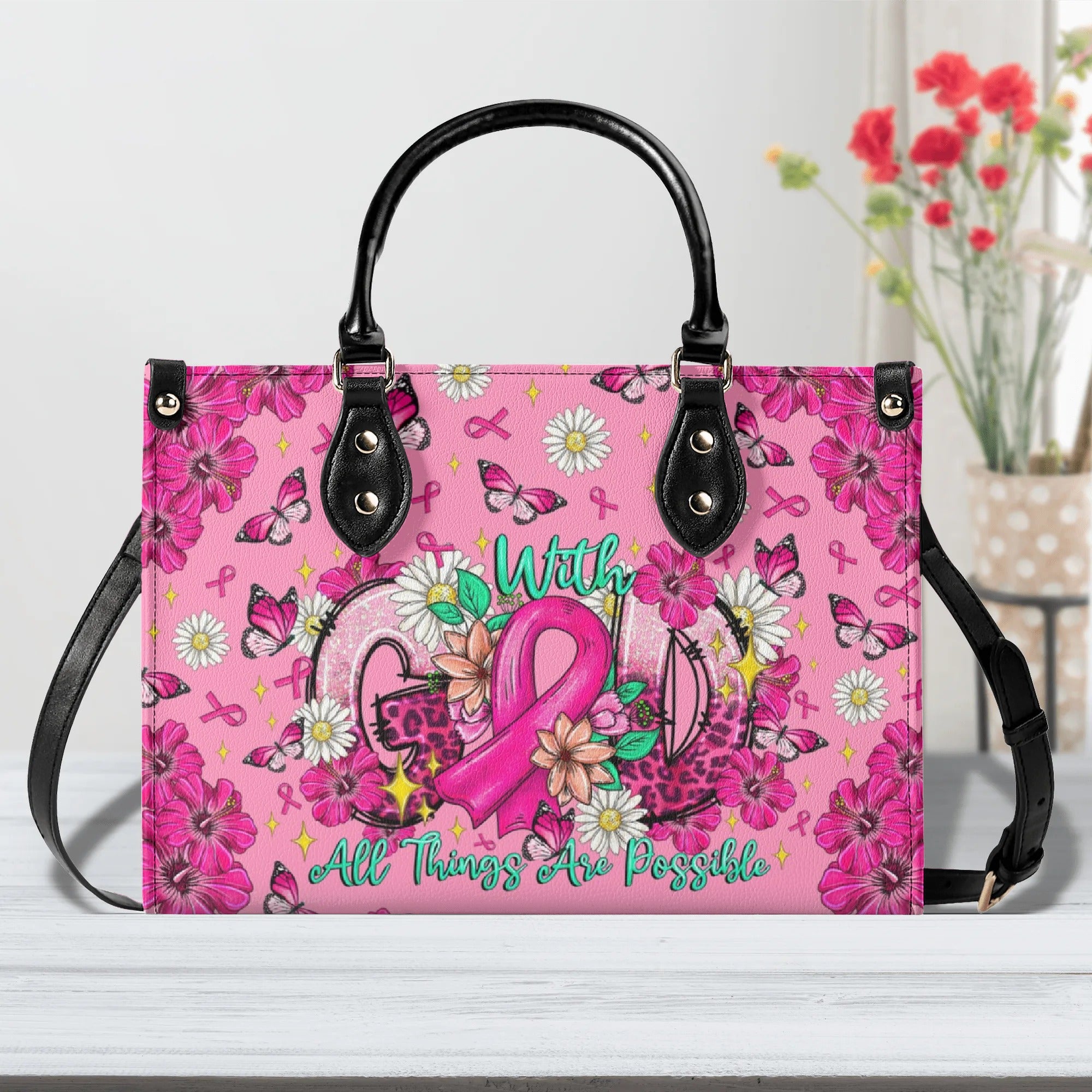 With God All Things Are Possible Breast Cancer Leather Handbag -  Tltr1308251