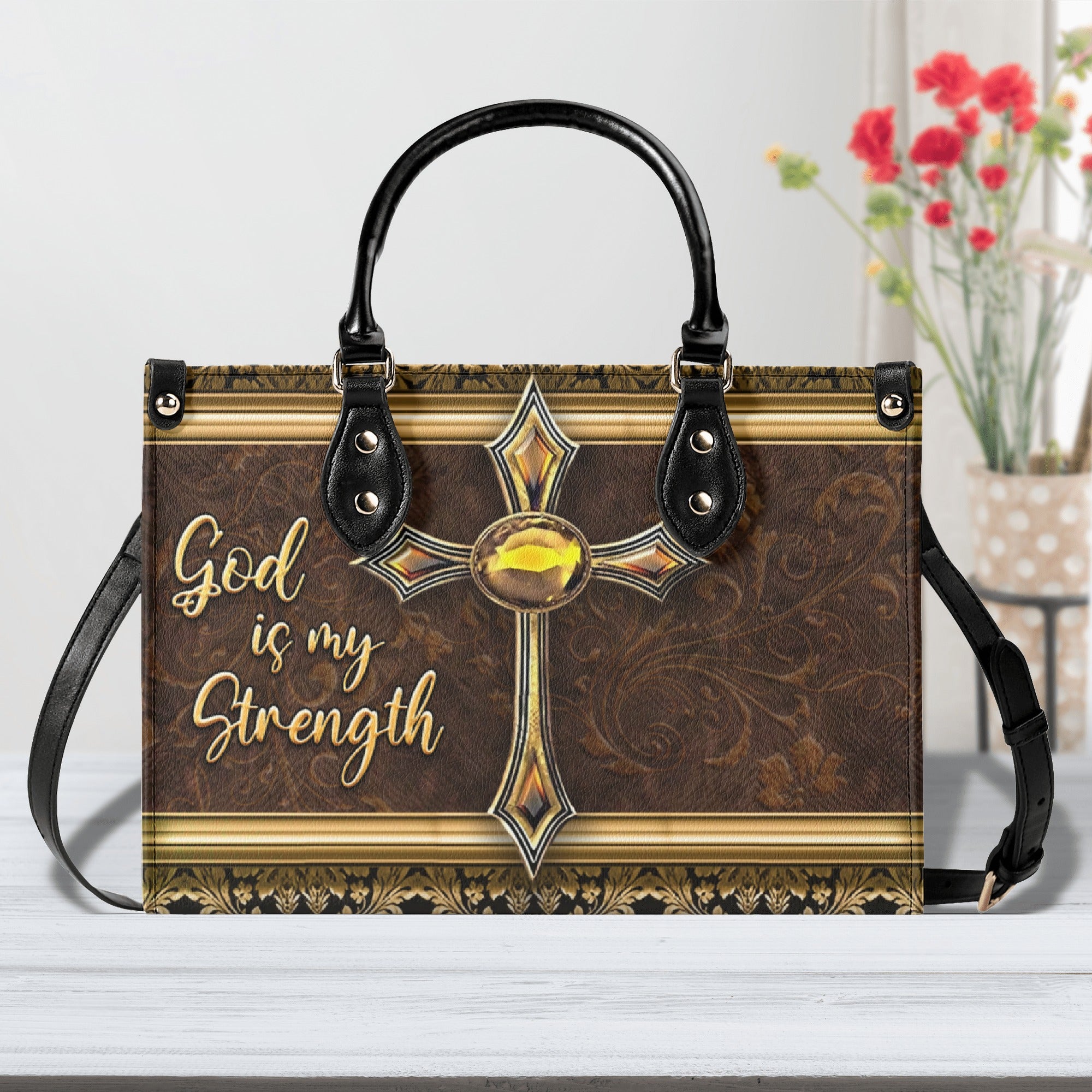 God Is My Strength Leather Handbag - Yhln1903254