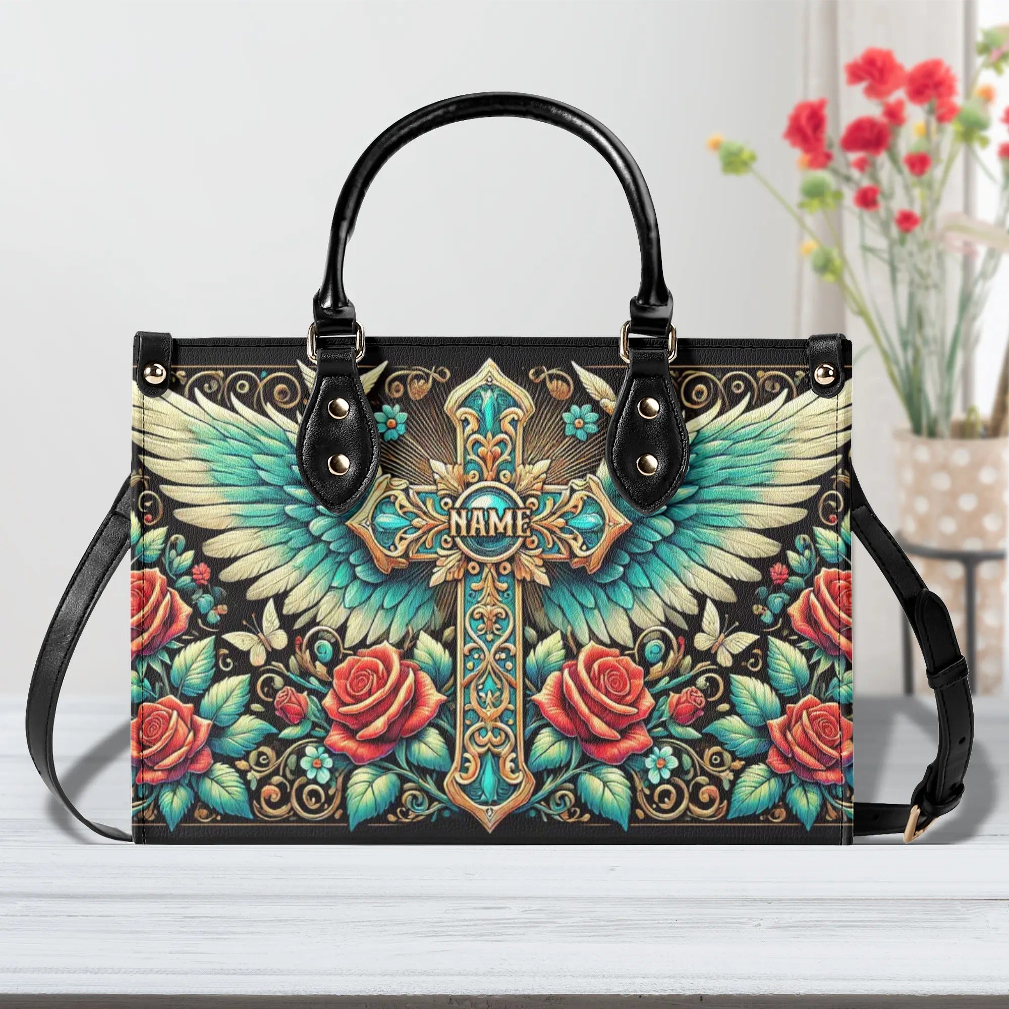 Cross Wings Rose Leather Handbag - Tltw1608243