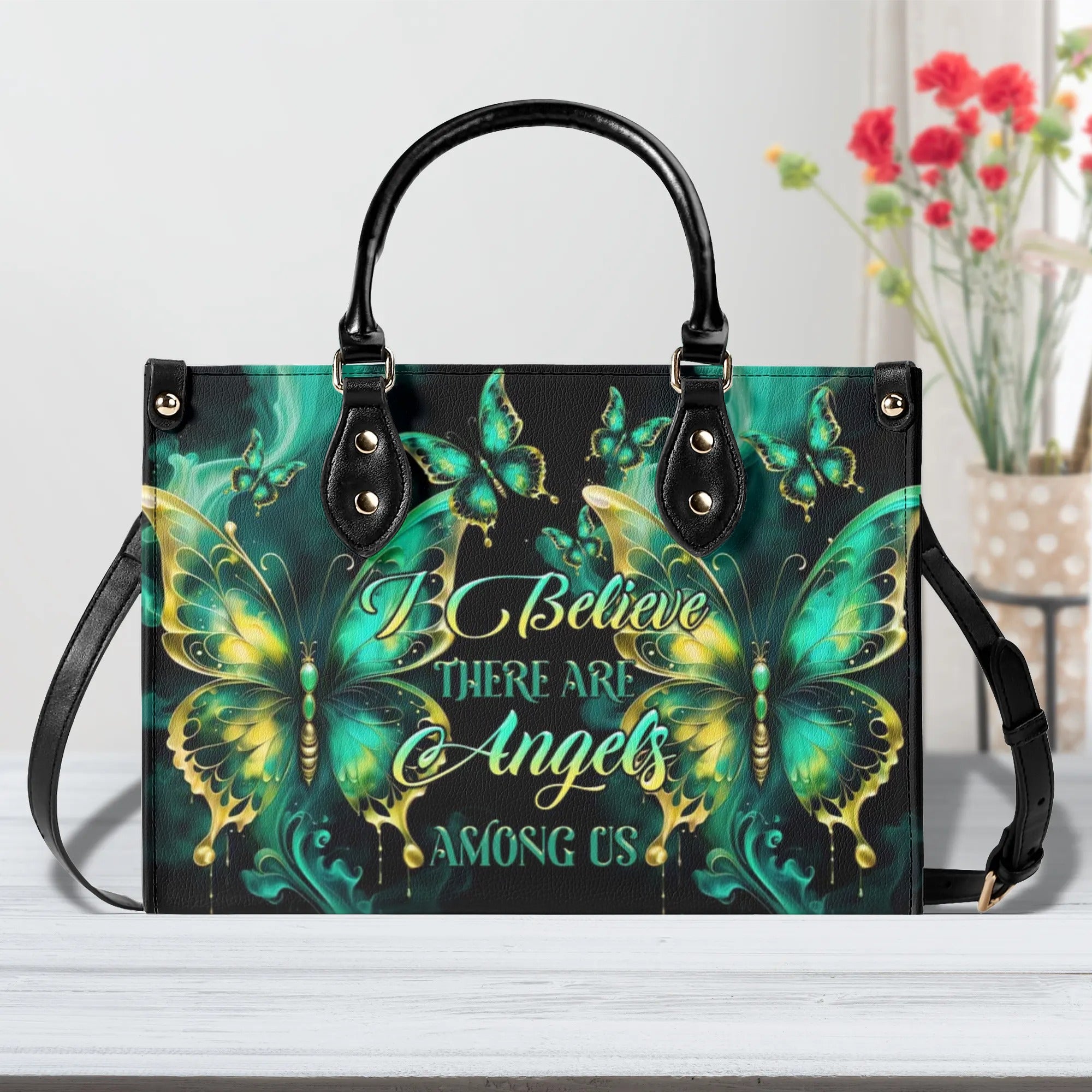 I Believe There Are Angels Among Us Butterfly Leather Handbag - Tltr2307243