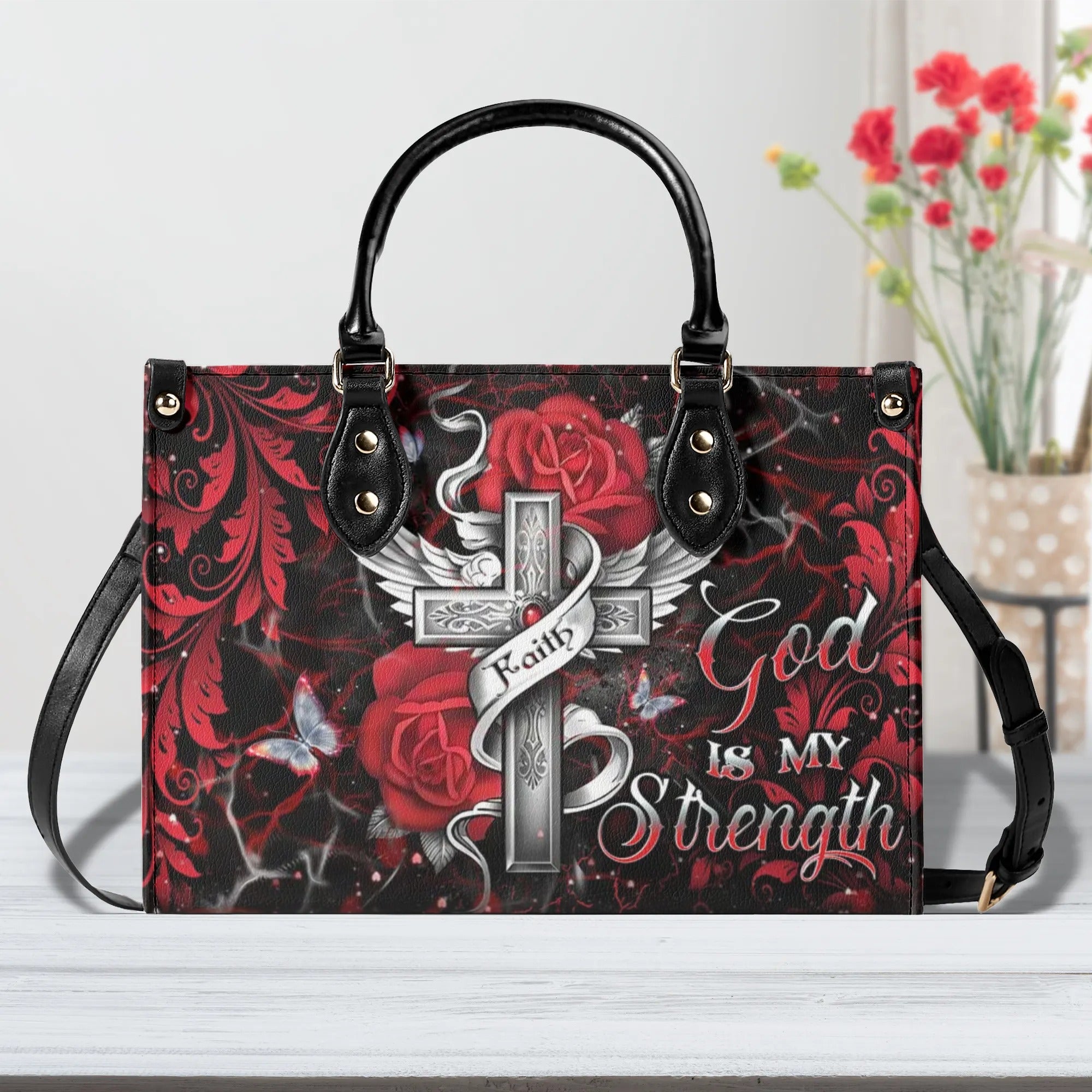 God Is My Strength Leather Handbag - Yhdu0310244