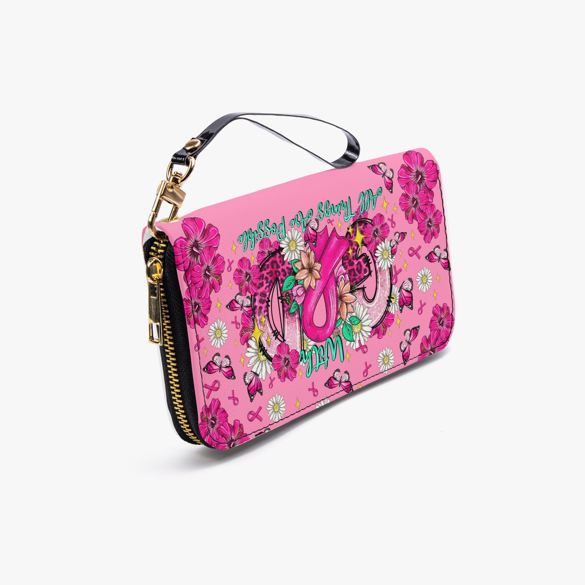 With God All Things Are Possible Breast Cancer Zipper Leather Wallet  -  Tltr1308252