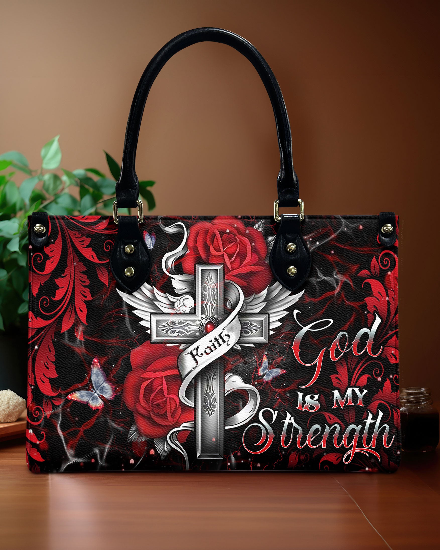 God Is My Strength Leather Handbag - Yhdu0310244