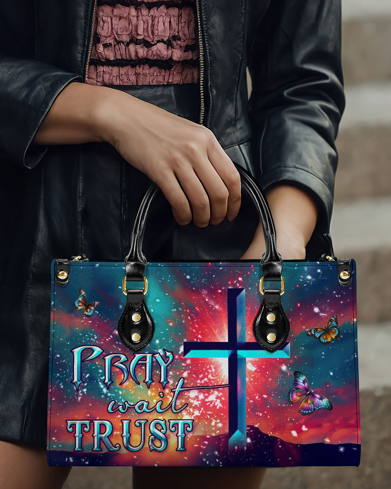Pray Wait Trust Leather Handbag - Yhdu2709242