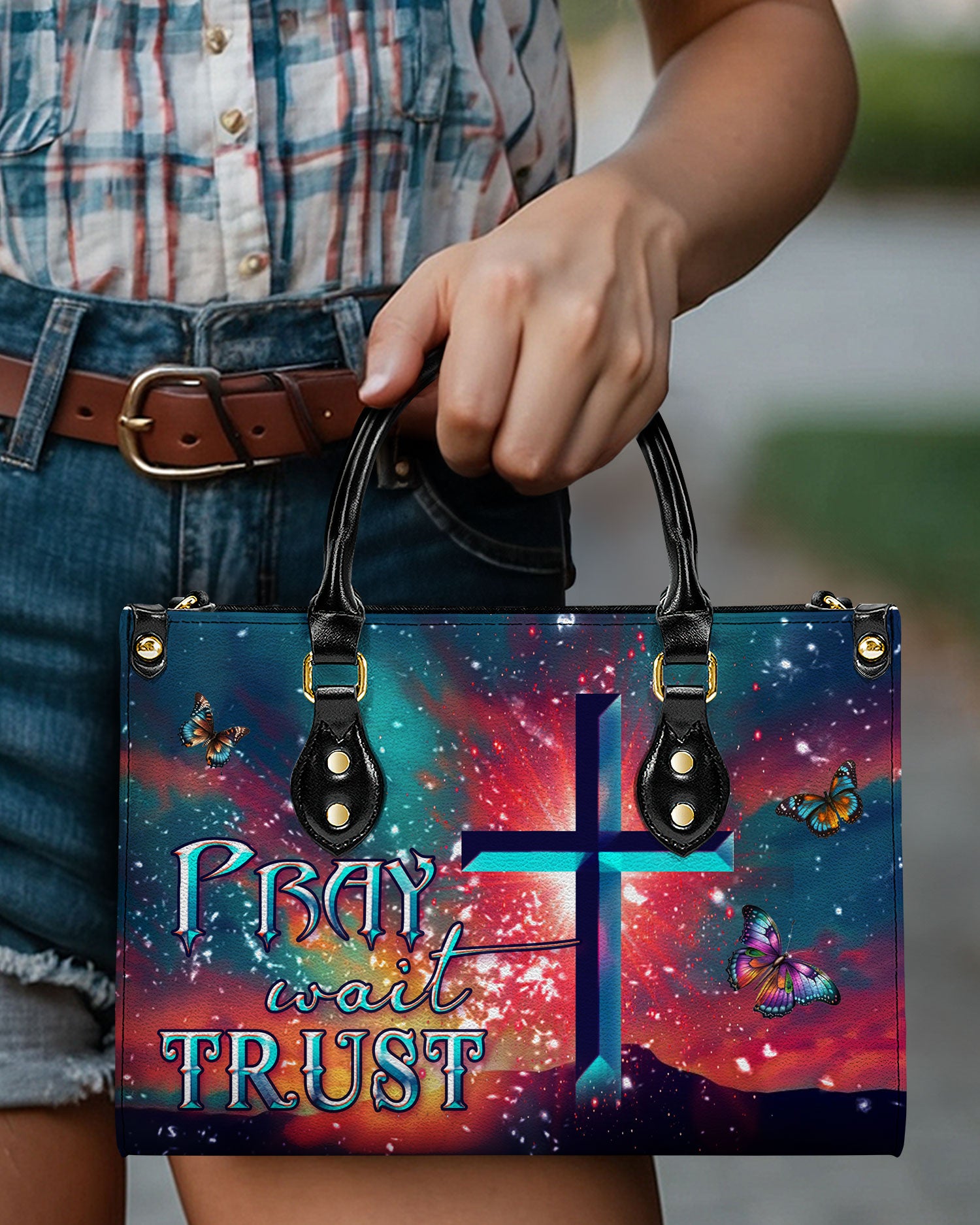 Pray Wait Trust Leather Handbag - Yhdu2709242