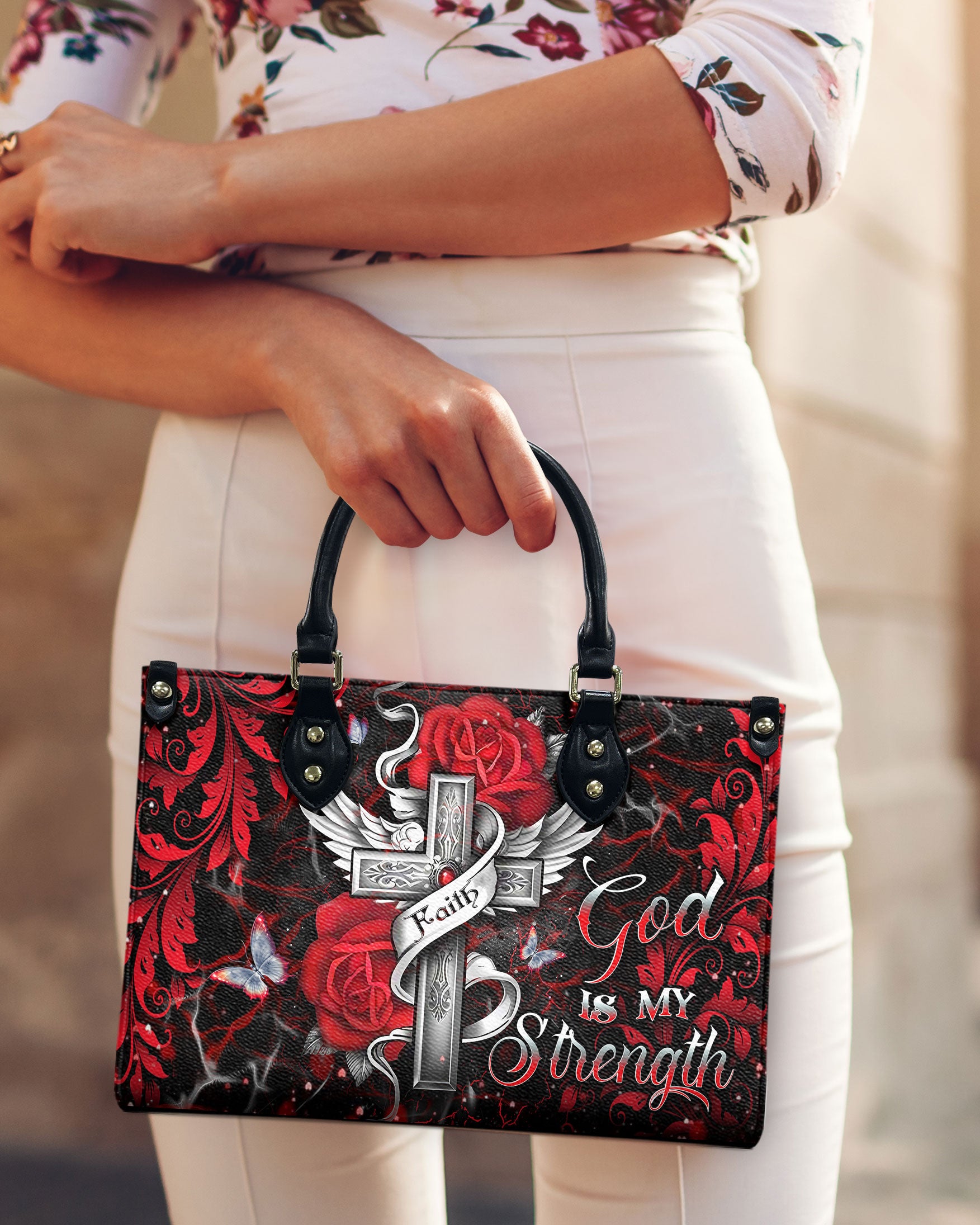 God Is My Strength Leather Handbag - Yhdu0310244