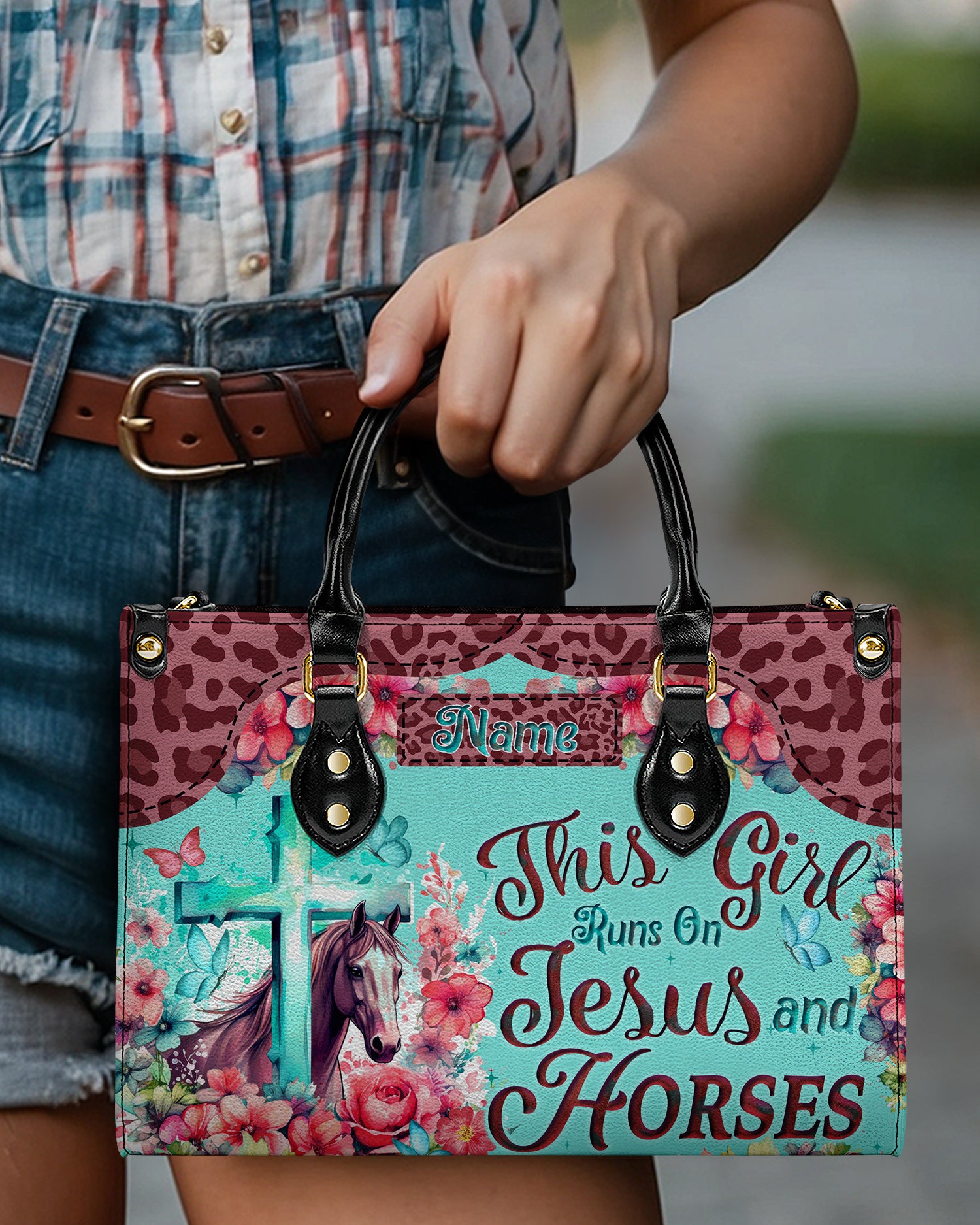 Runs On Jesus And Horses Leather Handbag - Tyqy0404242