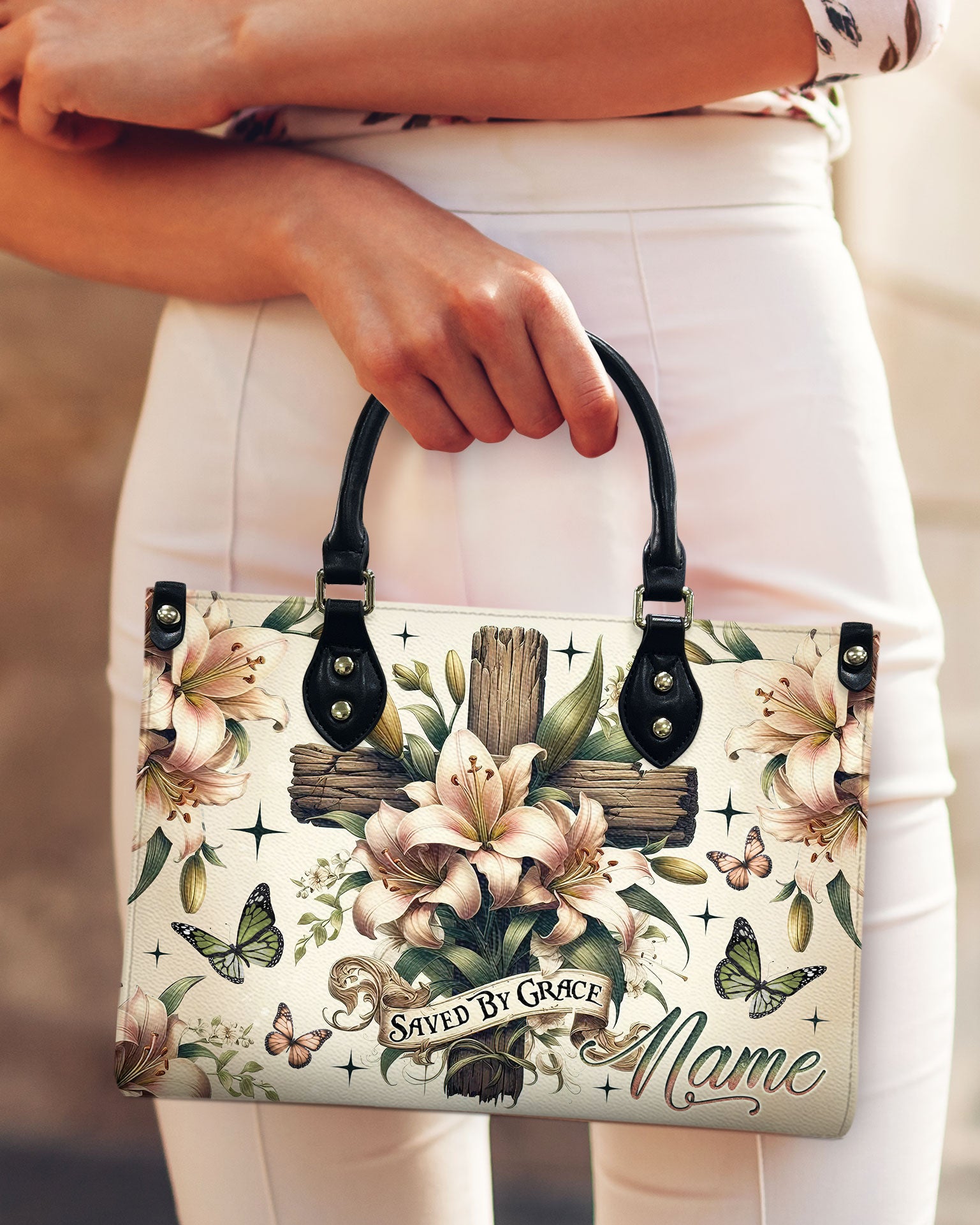 Saved By Grace Cross Lilies Leather Handbag - Tlno2611241