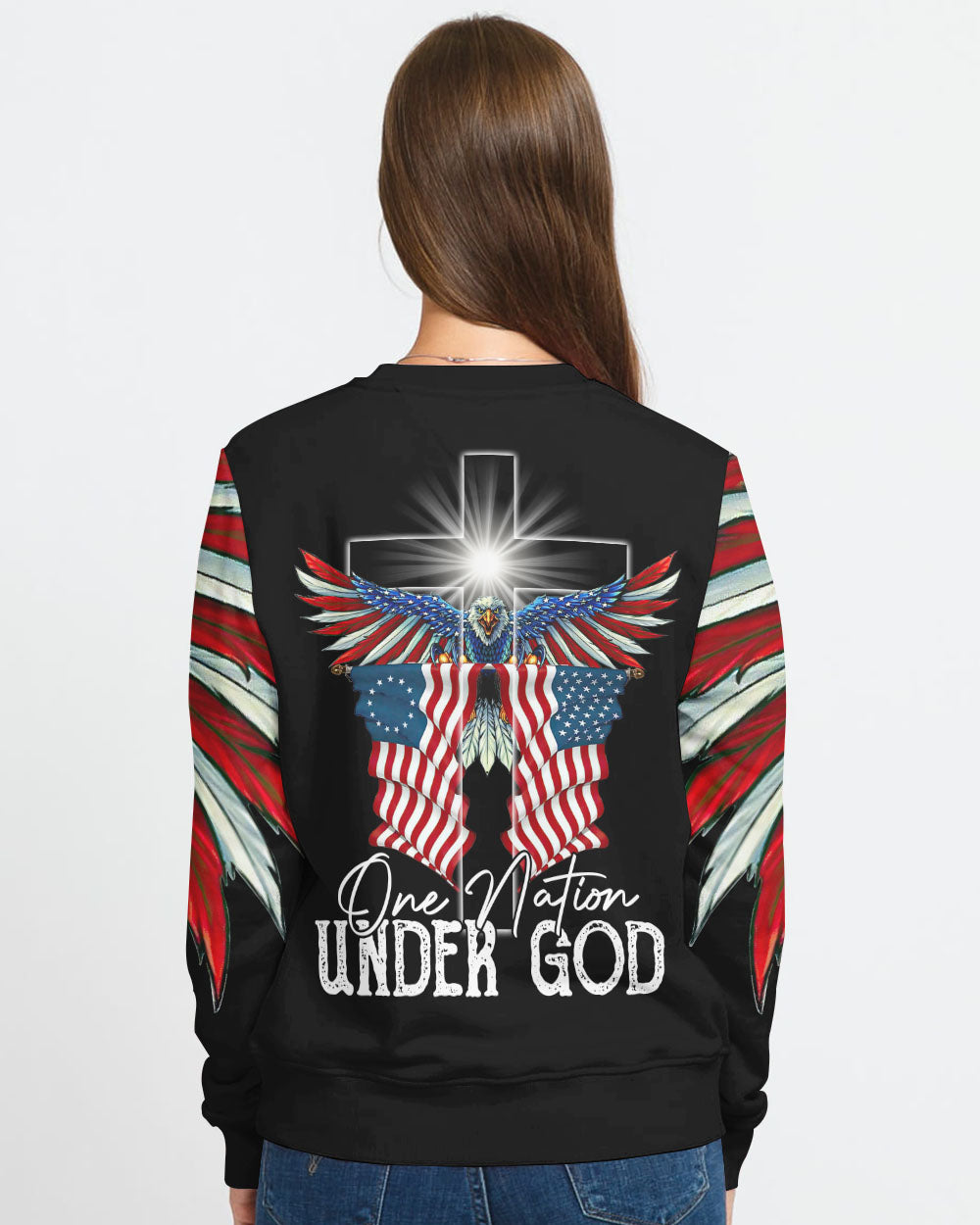 One Nation Under God Eagle With America Flag Women's Christian Sweatshirt