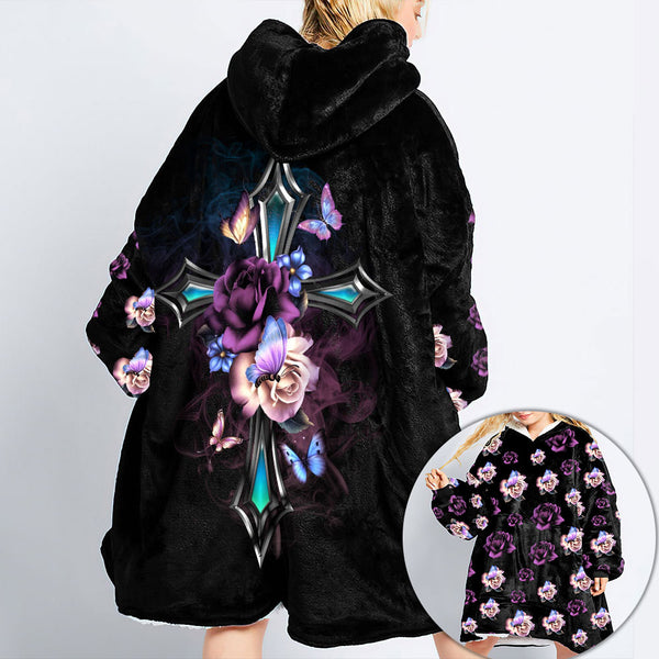 Faith Cross Floral Butterfly Sherpa Blanket Hoodie - Tltr2309214ki