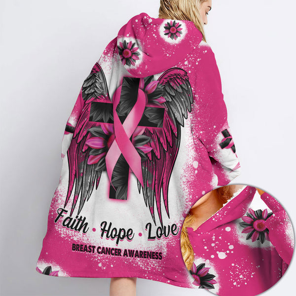 Wings Sunflower Cross Breast Cancer Awareness Sherpa Blanket Hoodie - Lath1610213ki