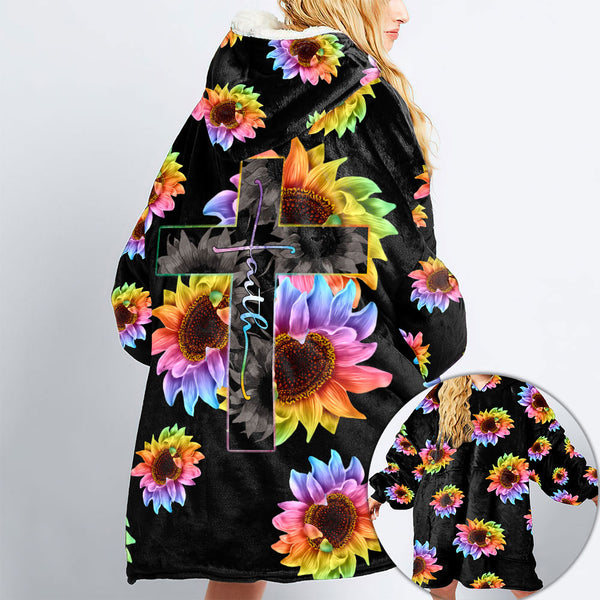 Colorful Sunflower Faith Sherpa Blanket Hoodie - Tlnh2009213