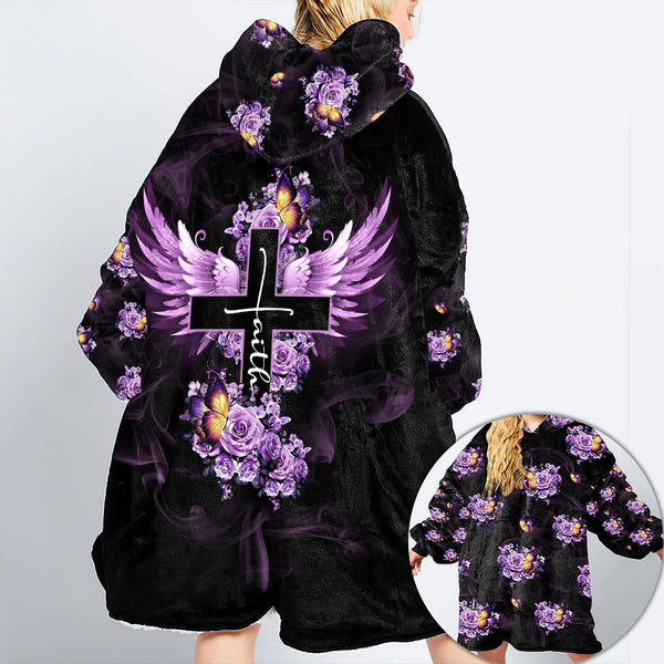 Butterfly Purple Rose Faith Sherpa Blanket Hoodie - Tltm2009215