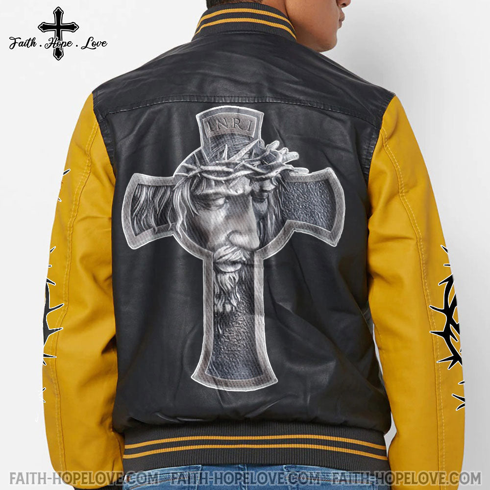 Jesus Cross Leather Bomber Jacket - Tlnz3010211ki