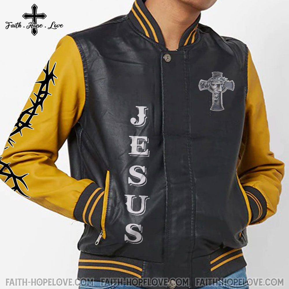 Jesus Cross Leather Bomber Jacket - Tlnz3010211ki