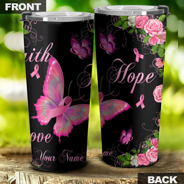 Personalized Faith Hope Love Breast Cancer Awareness Butterfly Tumbler - Latg2809215ki