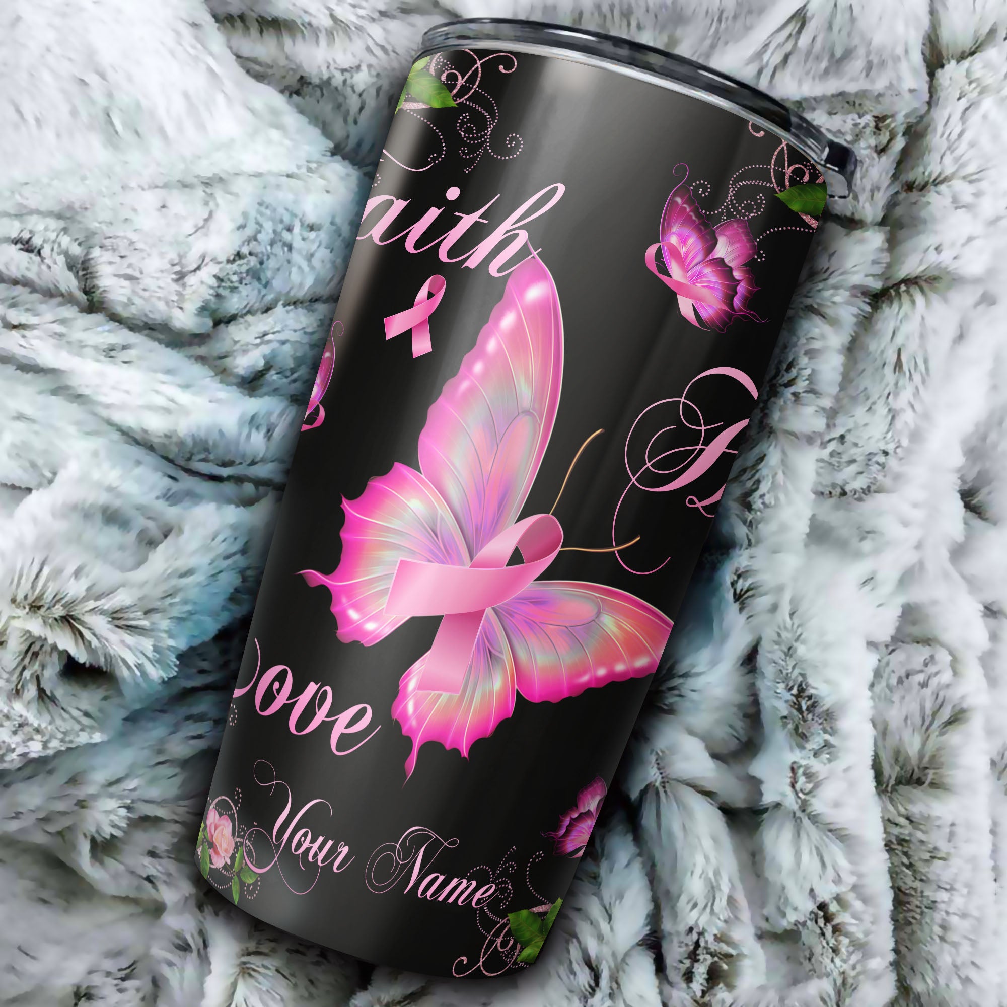 Personalized Faith Hope Love Breast Cancer Awareness Butterfly Tumbler - Latg2809215ki