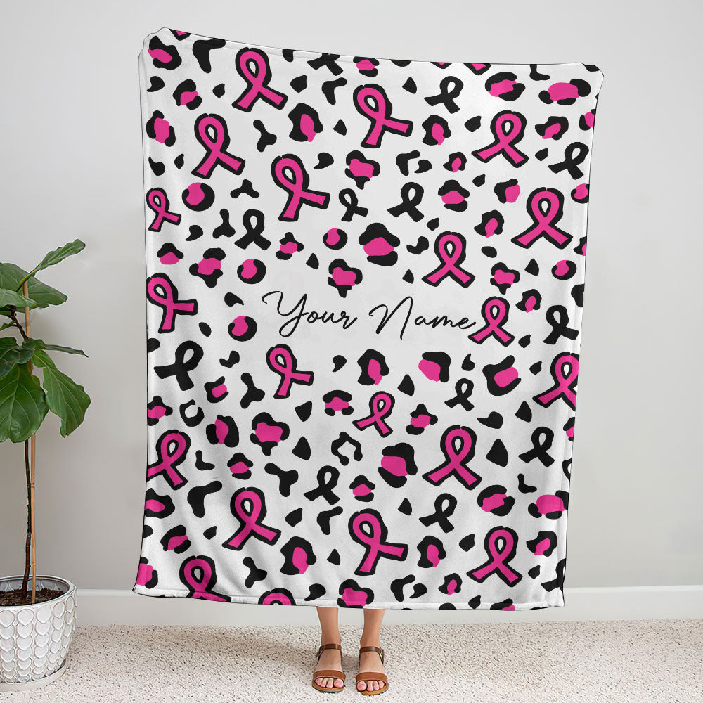 Breast Cancer Awareness  Personalized Cancer Ribbon Leopard Woven & Fleece Blanket - Tltr3009215ki