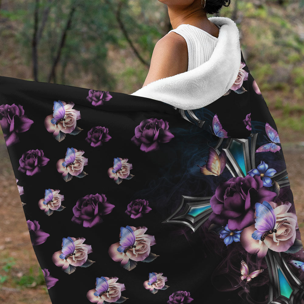 Faith Cross Floral Butterfly Sherpa Blanket Hoodie - Tltr2309214ki
