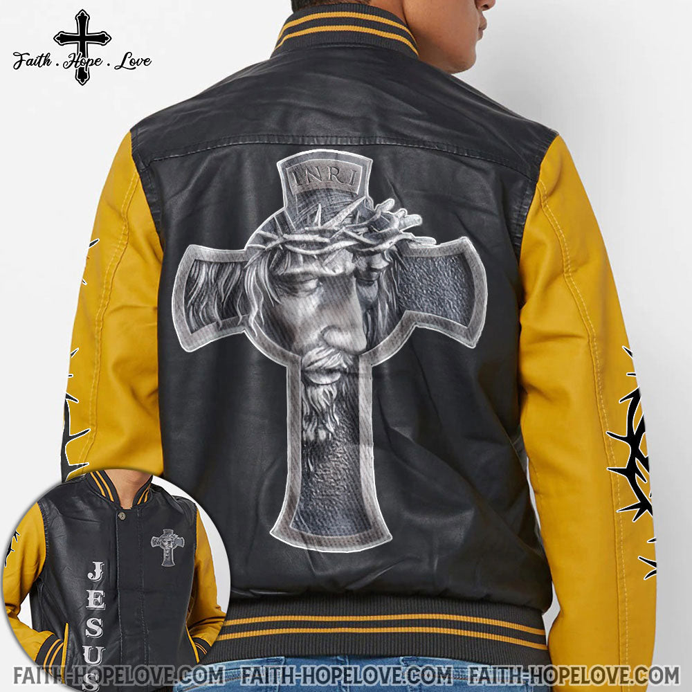 Jesus Cross Leather Bomber Jacket - Tlnz3010211ki