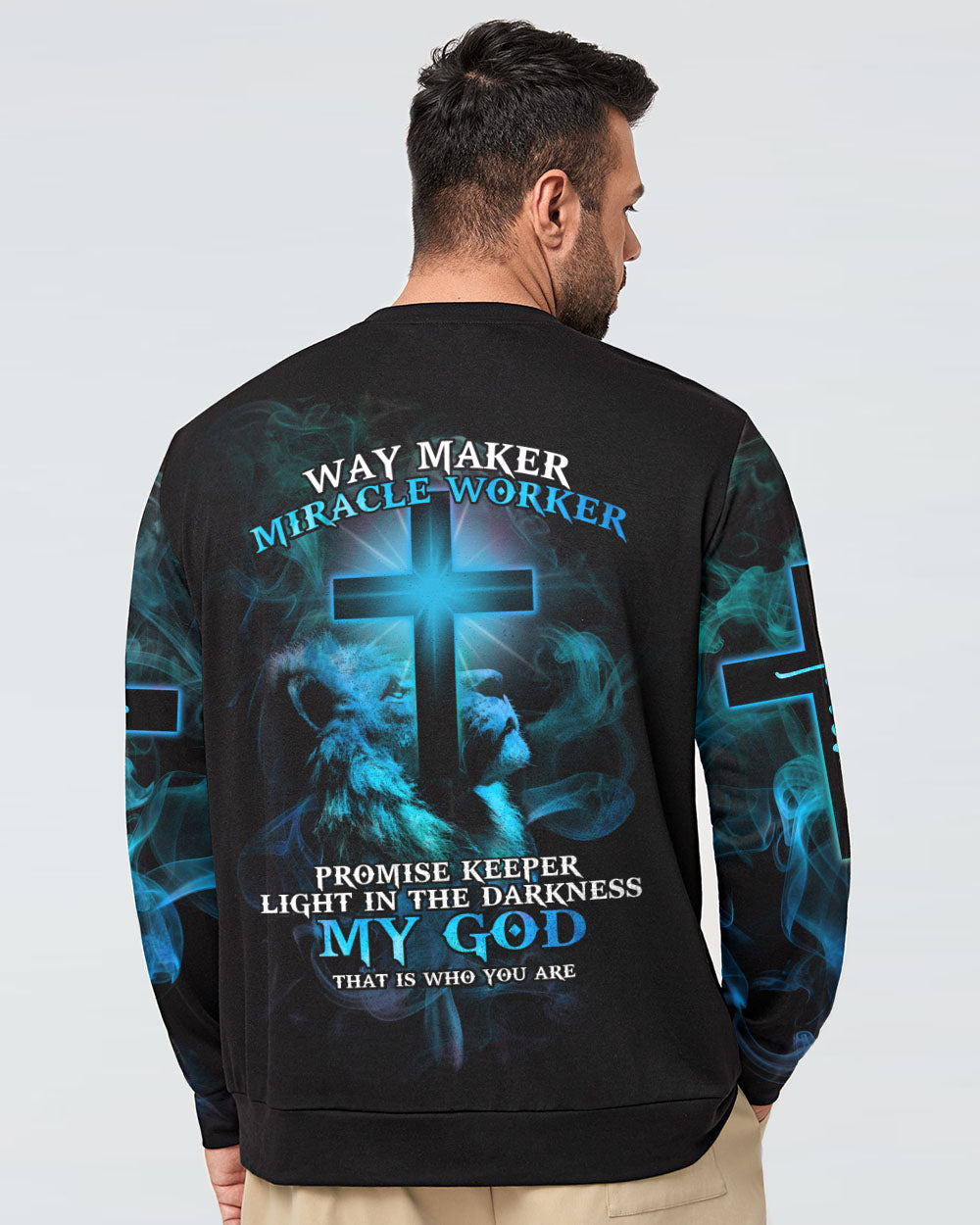 Way Maker Miracle Worker Blue Lion Cross Men's Christian Sweatshirt