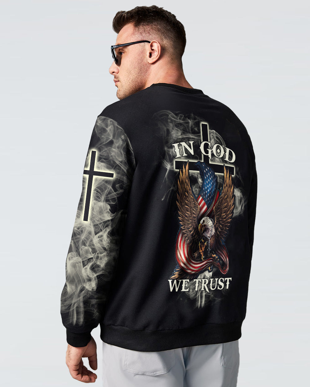 In God We Trust Eagle Cross Smoke Men's Christian Sweatshirt
