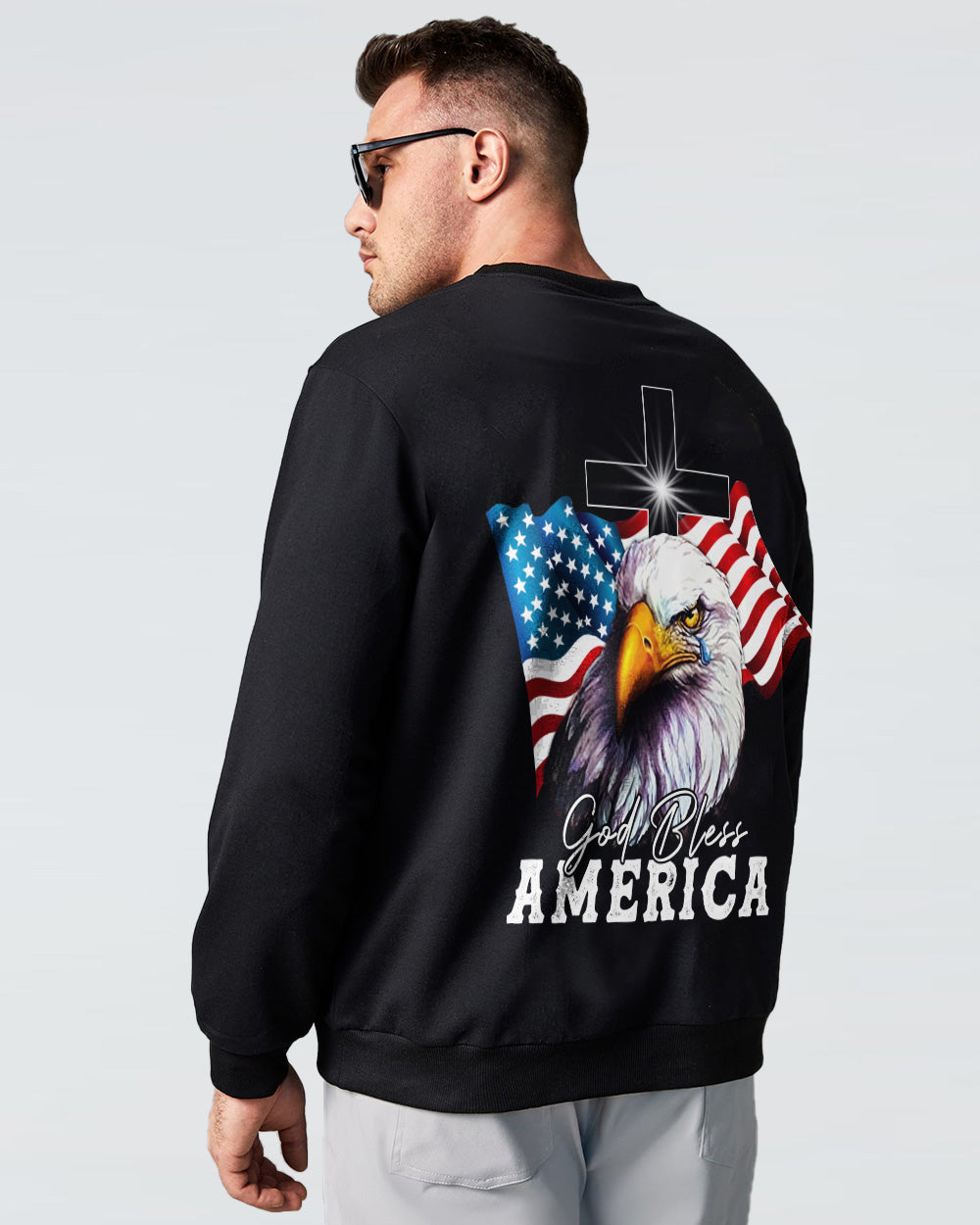 Gog Bless America Eagle Flag Cross Independence Day Men's Christian Sweatshirt